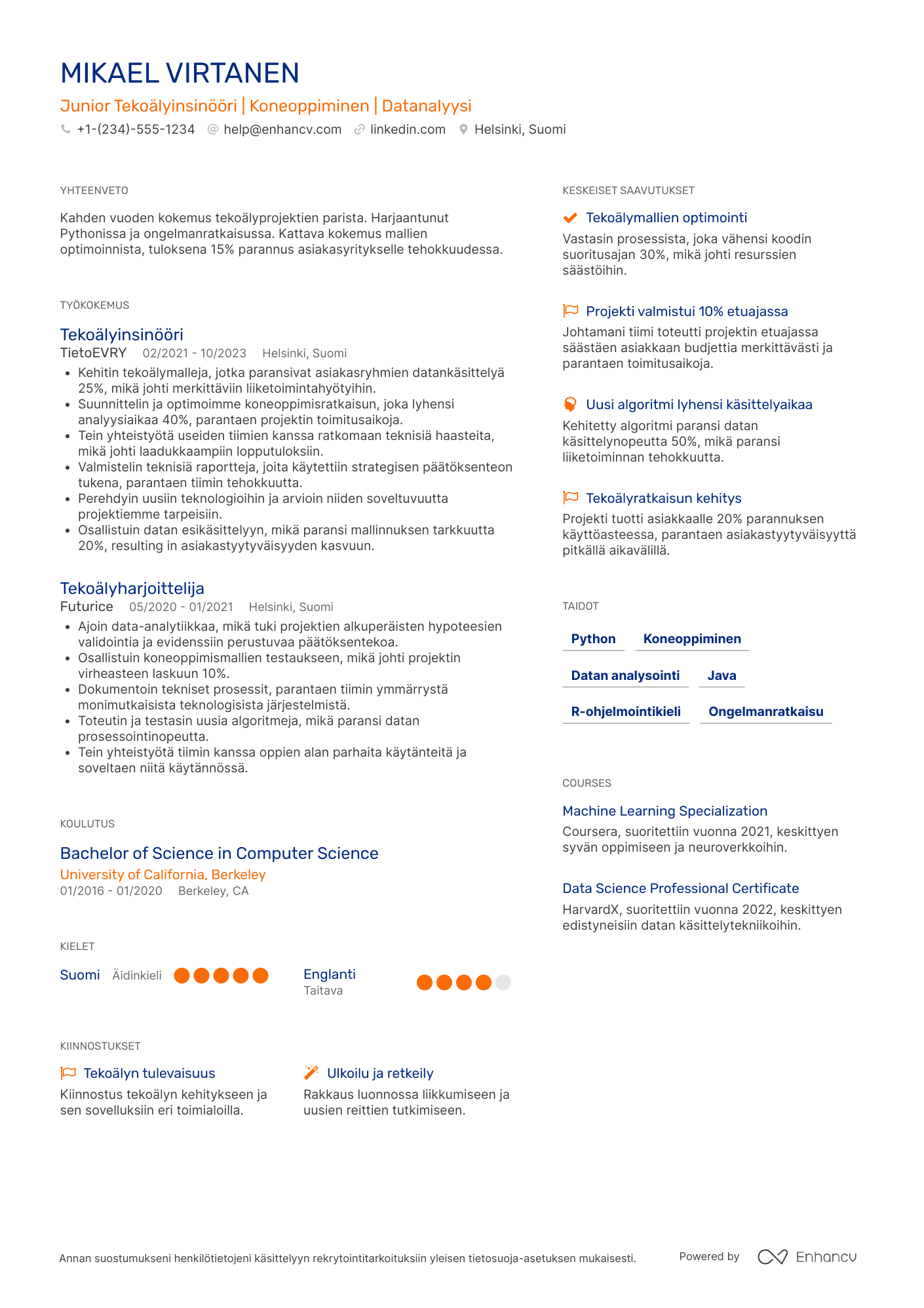 Ansioluettelo Junior Tekoälyinsinööri Resume Example