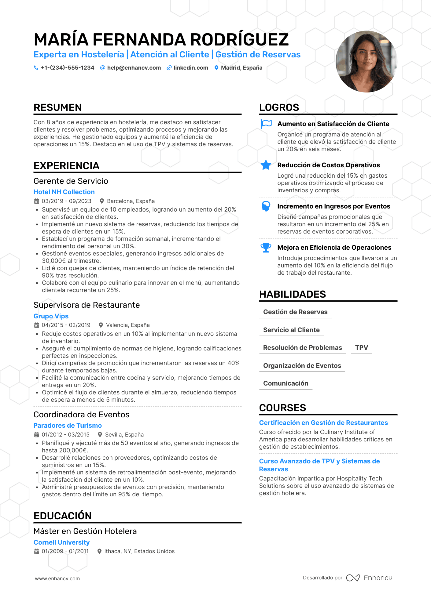 Ejemplo de currículum de hostelería con experiencia Resume Example