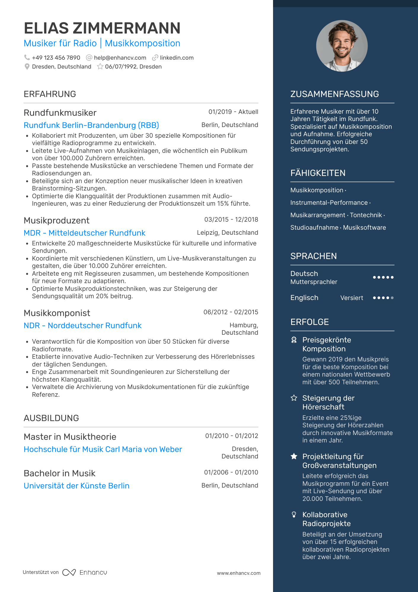 Lebenslauf in Musiker für Rundfunkanstalten Resume Example