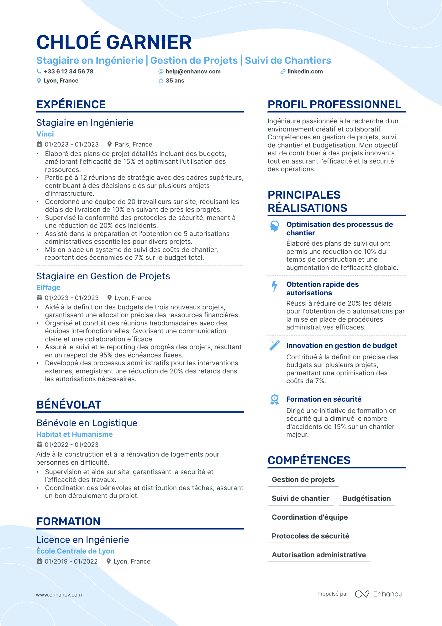 Étudiant en Génie Civil Resume Example