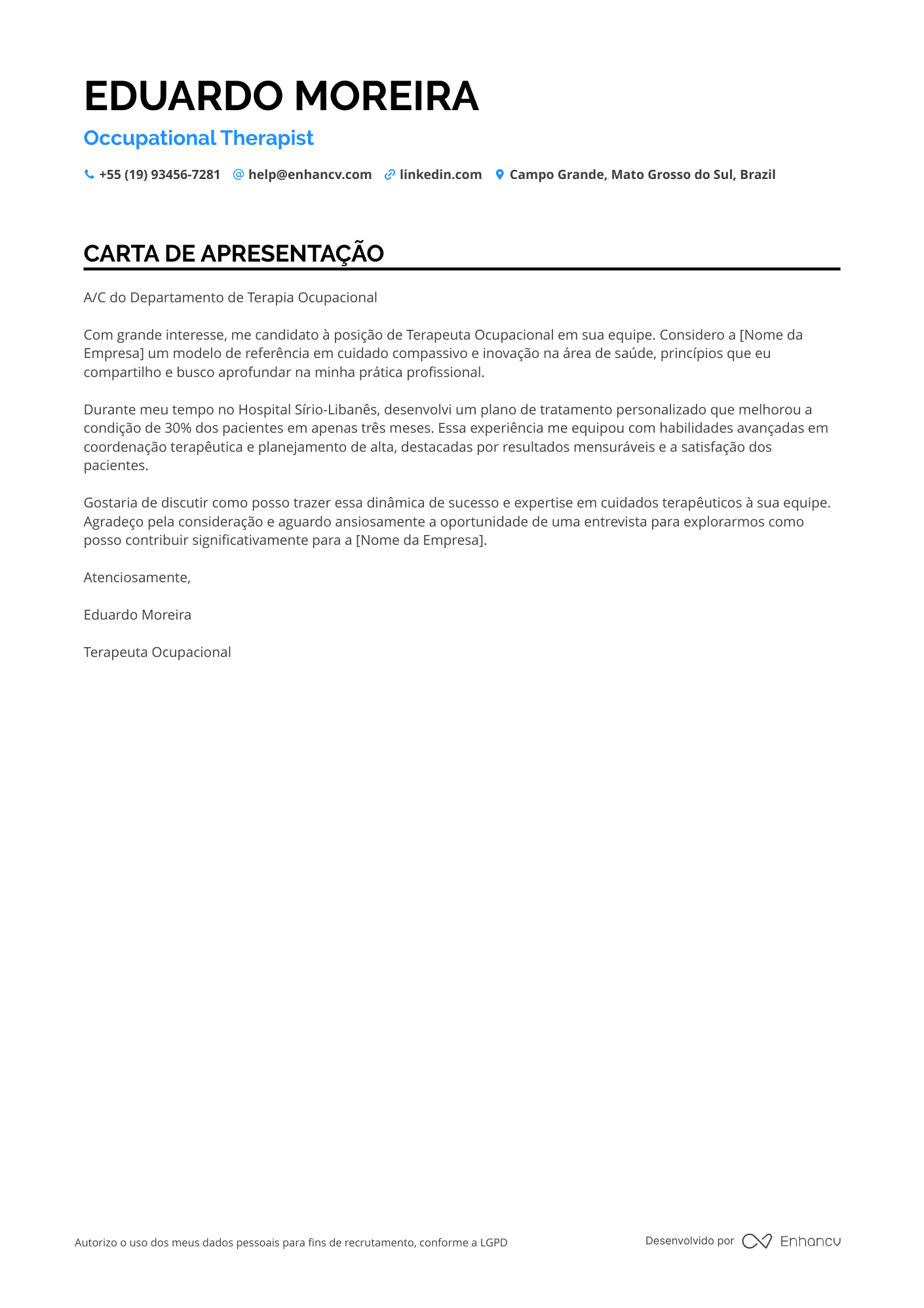 Terapeuta Ocupacional em Neurologia Resume Example