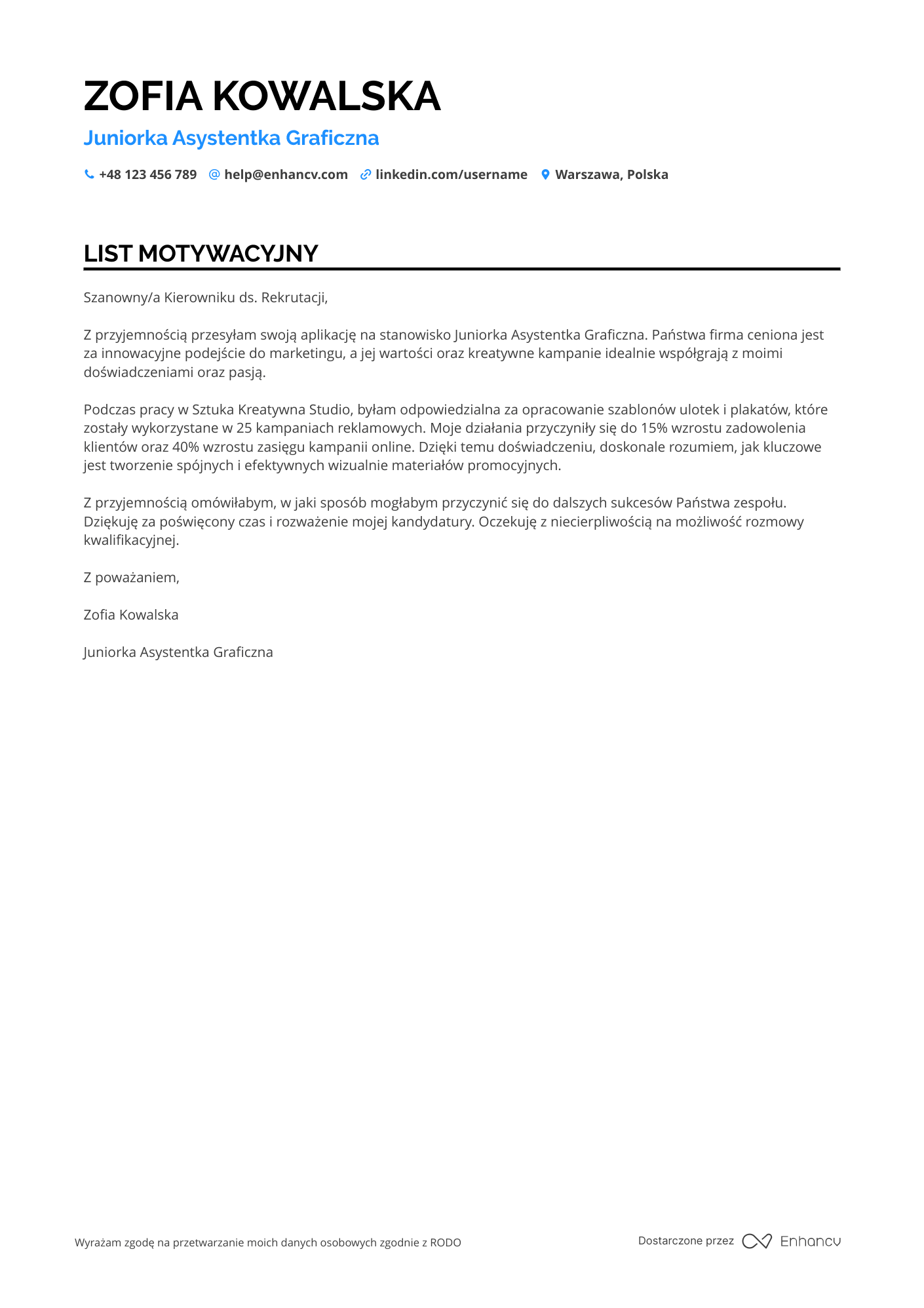 List motywacyjny dla Młodszy asystent grafika Resume Example