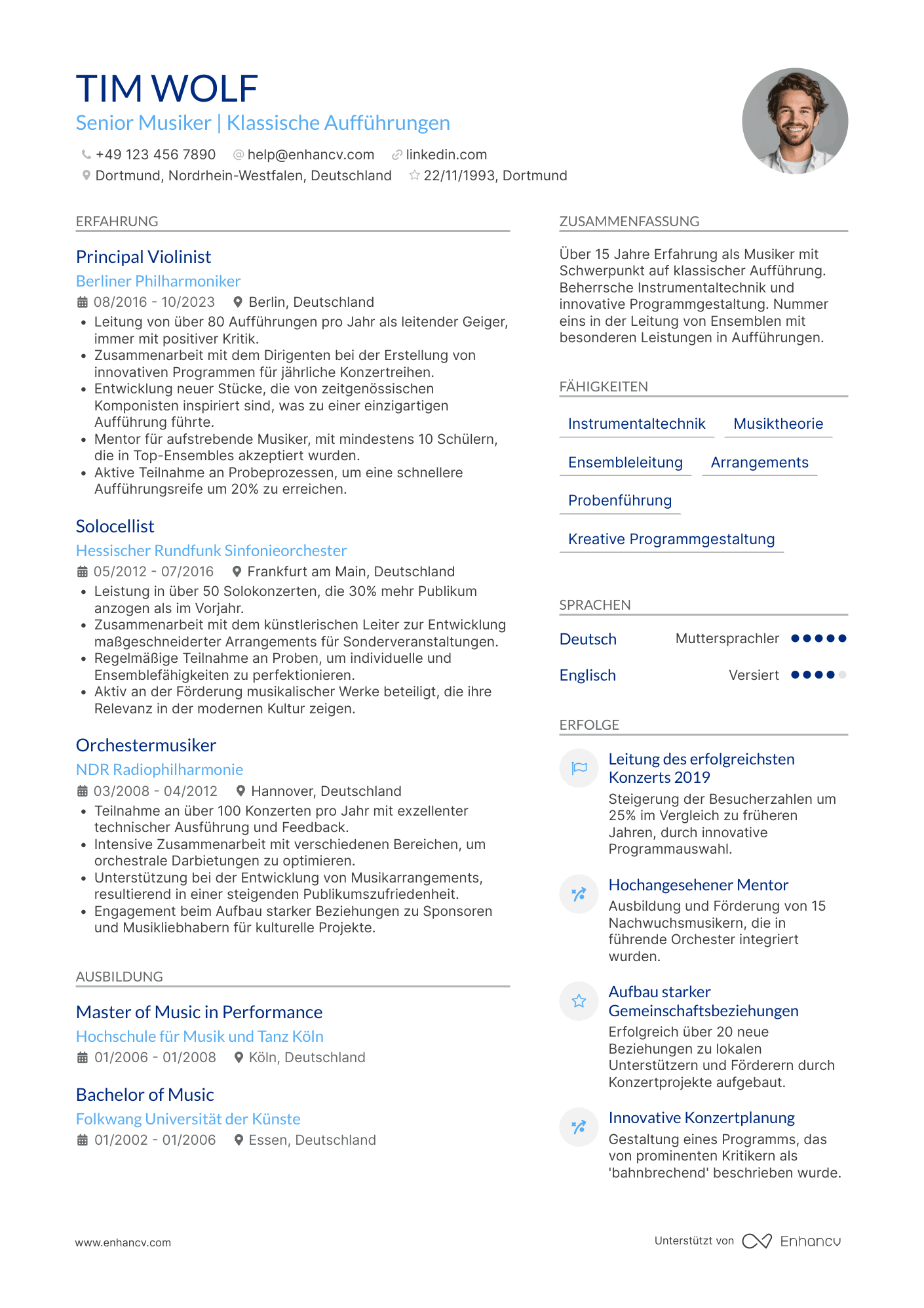 Lebenslauf als Senior Musiker Resume Example