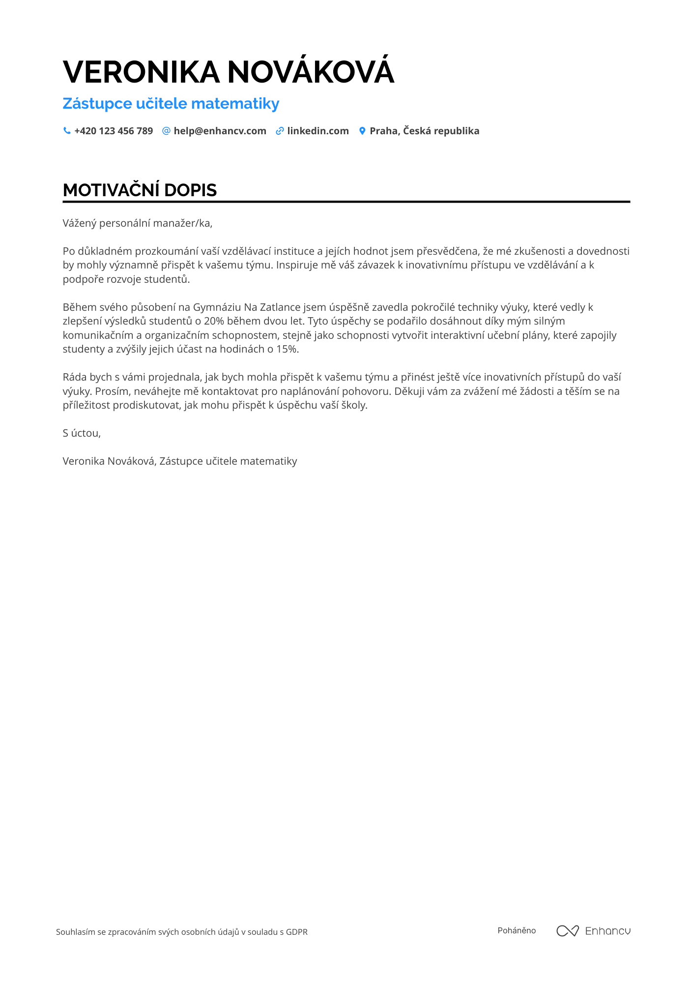 Motivační dopis pro Zástupce učitele matematiky Resume Example