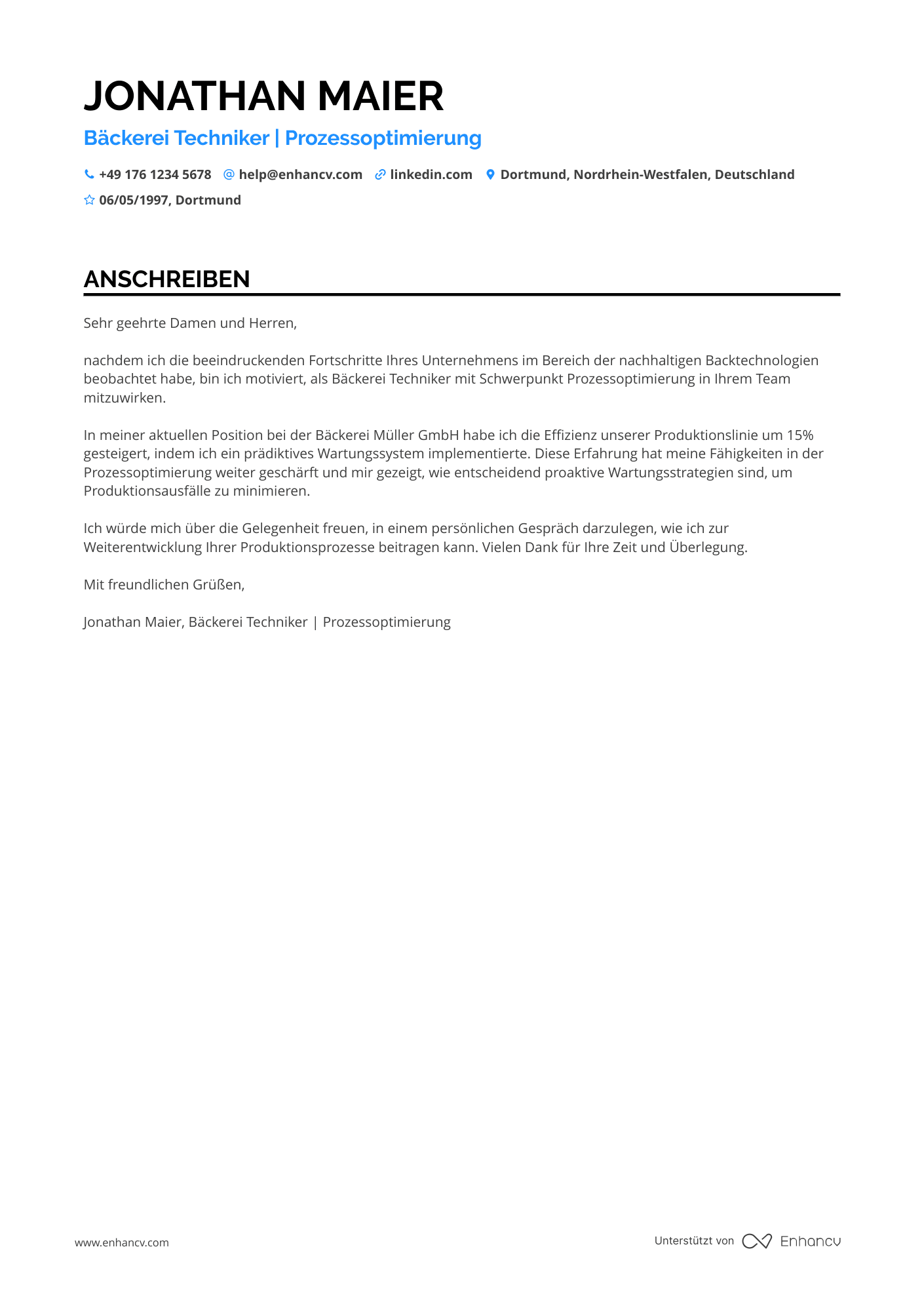 Bäckerei Techniker Resume Example