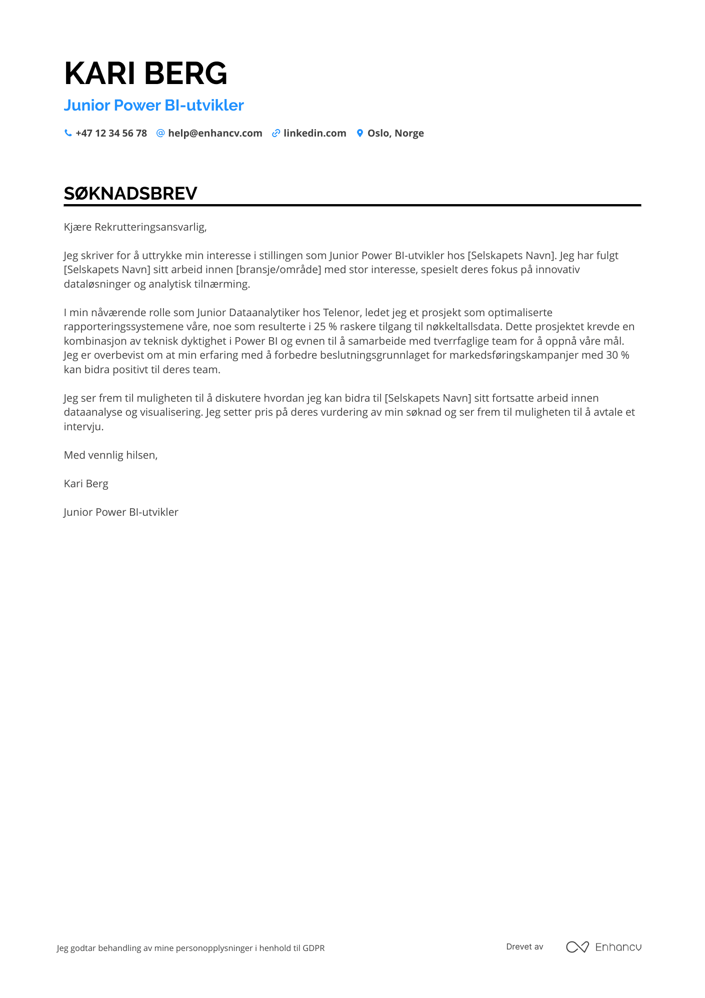 Søknadsbrev for Junior Power BI‑utvikler Resume Example