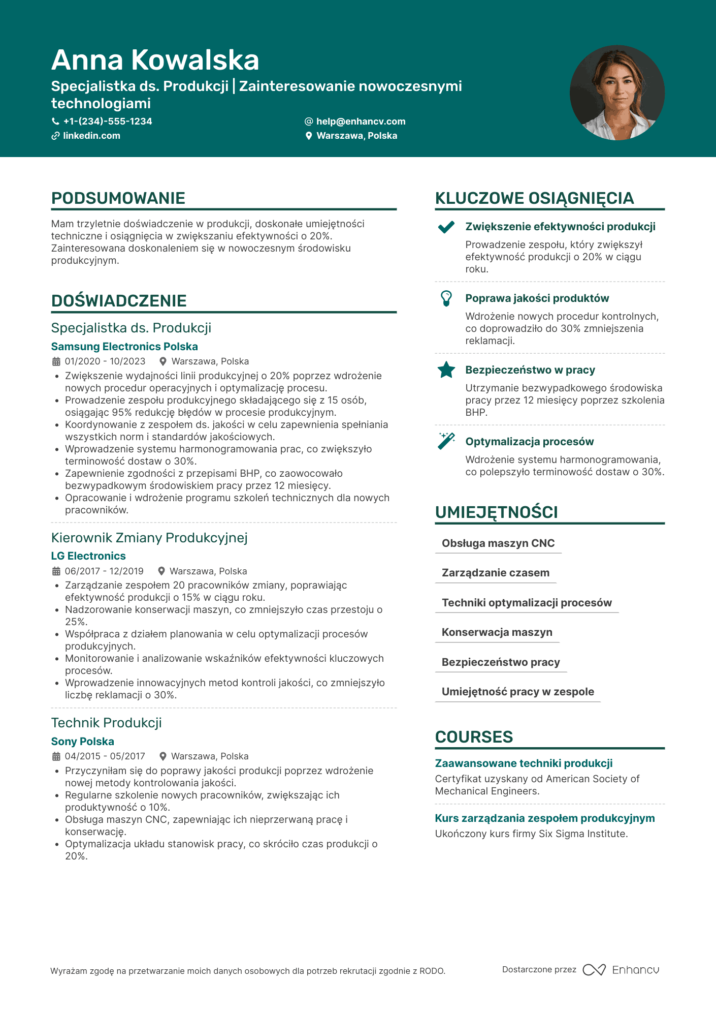 CV dla Pracownik Produkcji Liniowy Resume Example