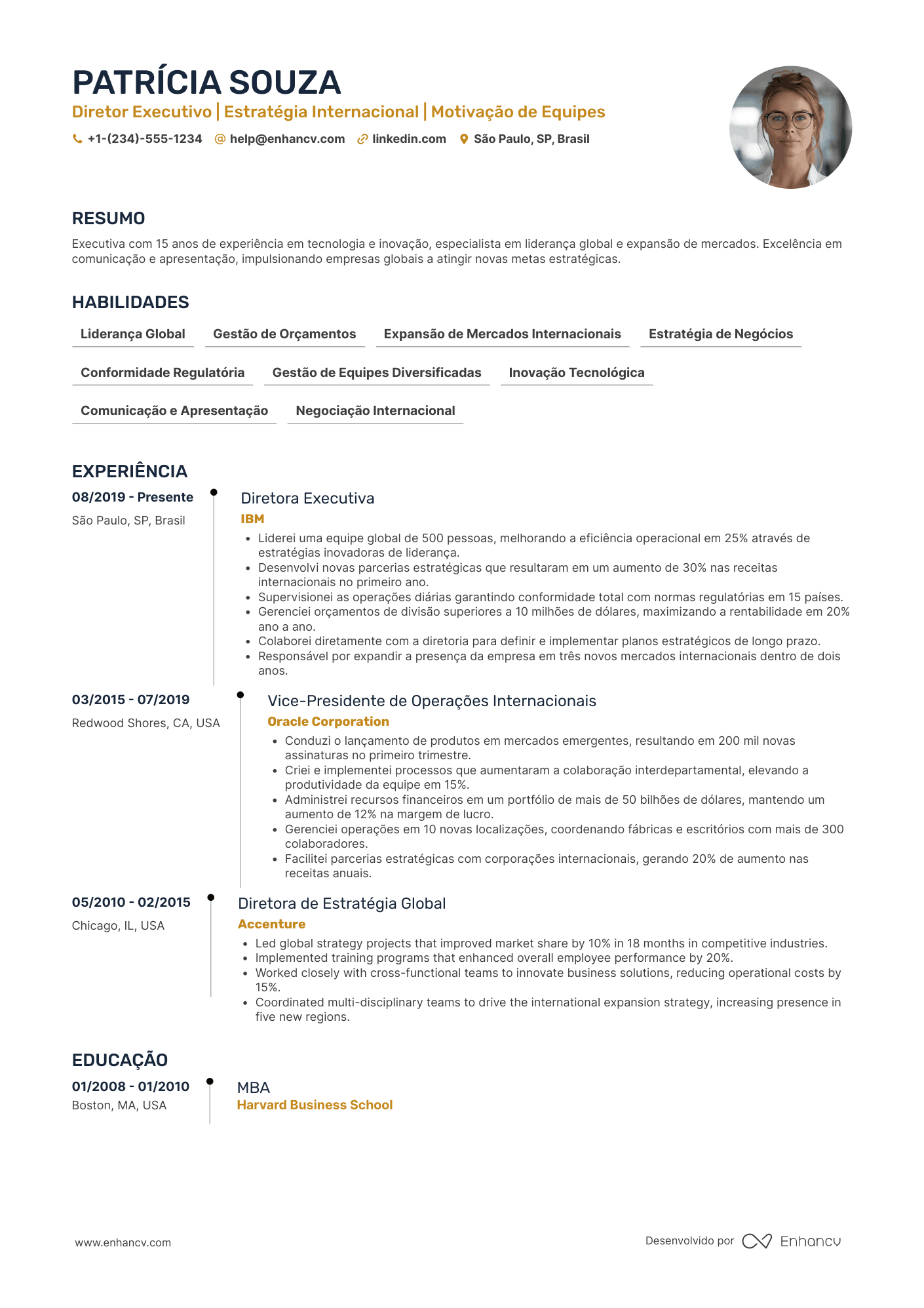 Currículo de diretor executivo com experiência internacional Resume Example