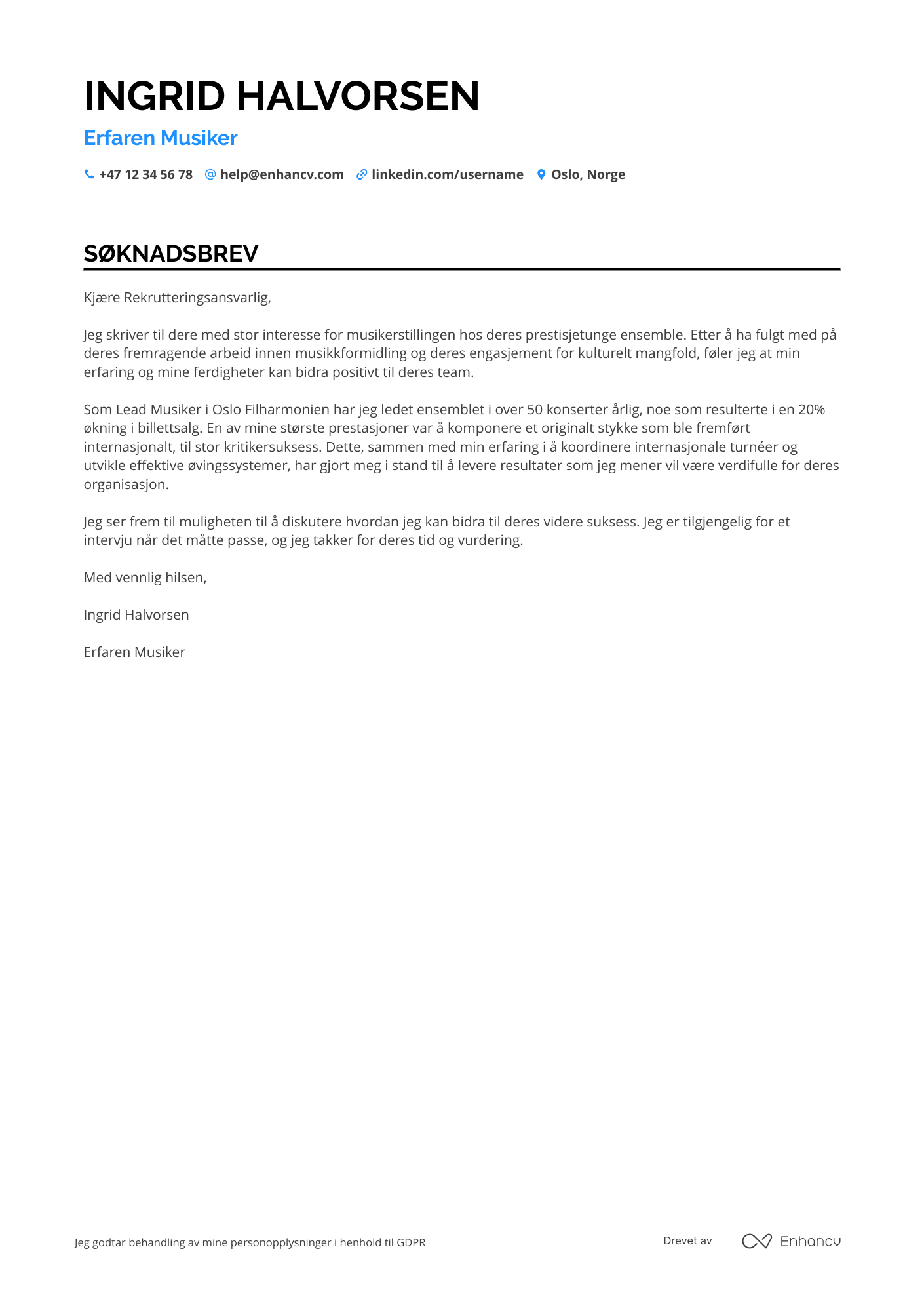 Søknadsbrev for Erfaren musiker Resume Example
