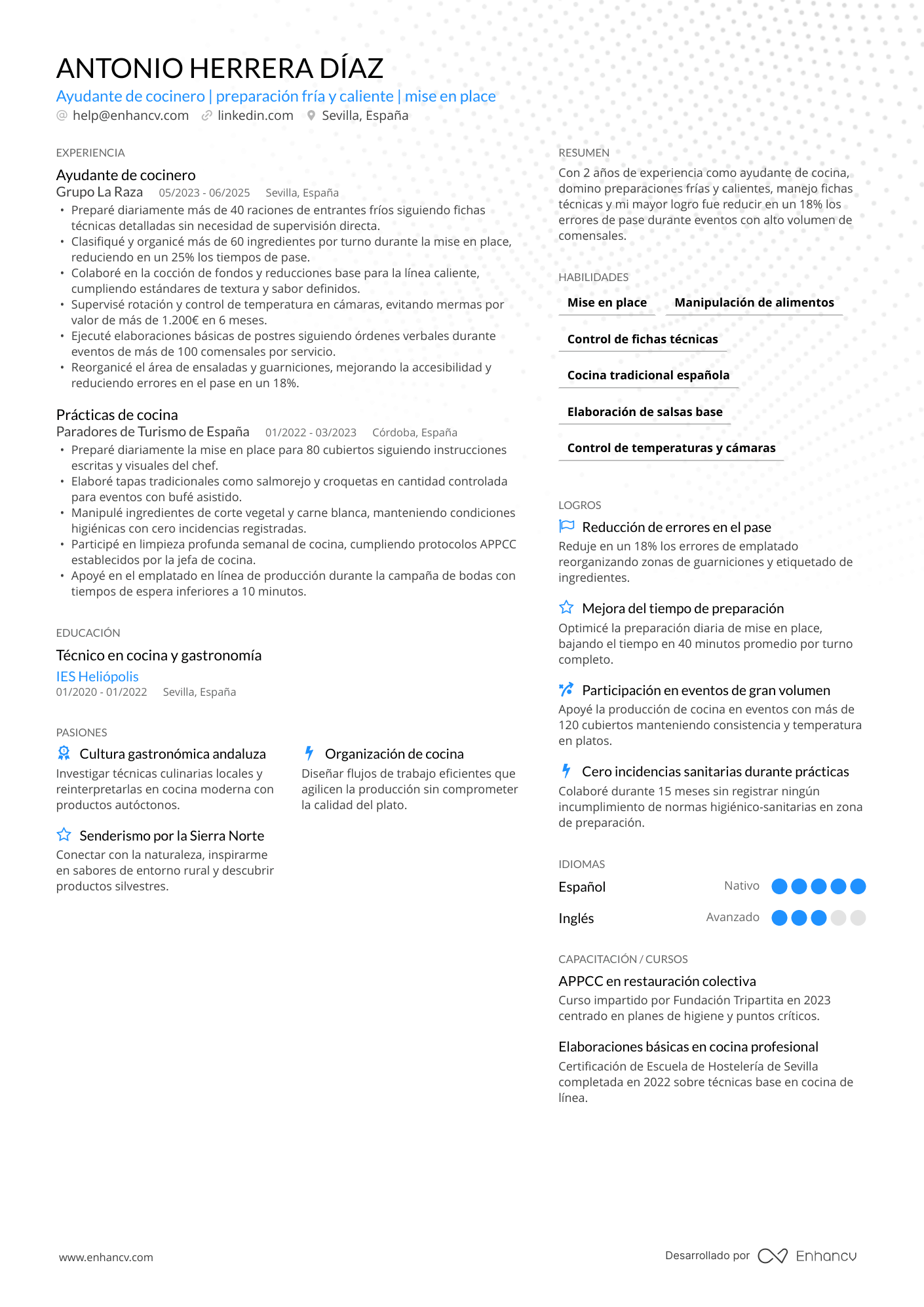 Ejemplo de currículum de ayudante de cocinero Resume Example