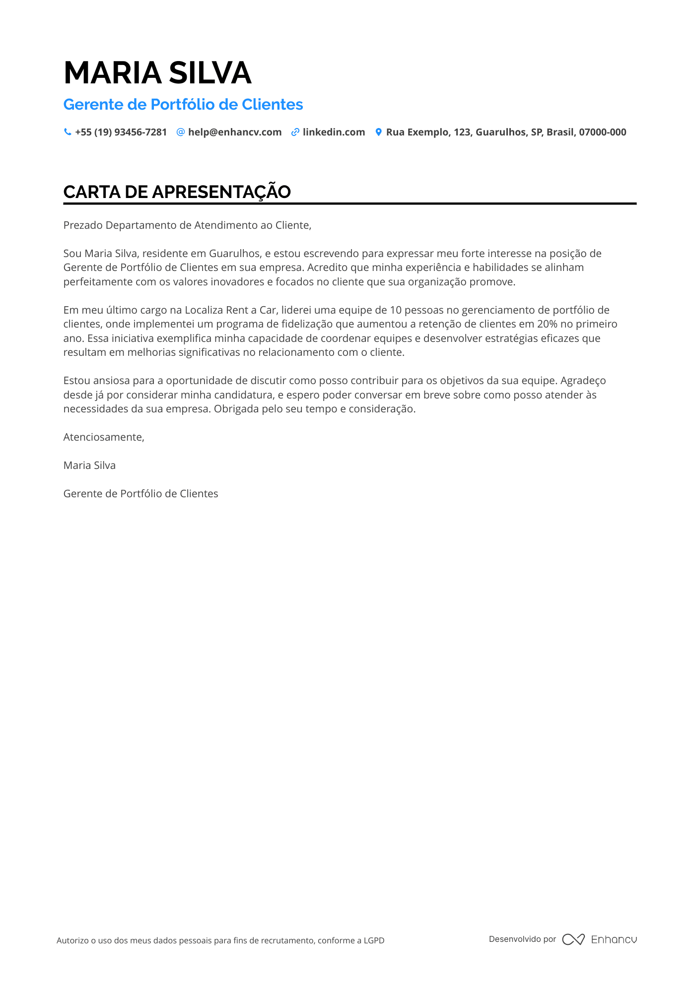 Executivo de Serviços ao Cliente Resume Example