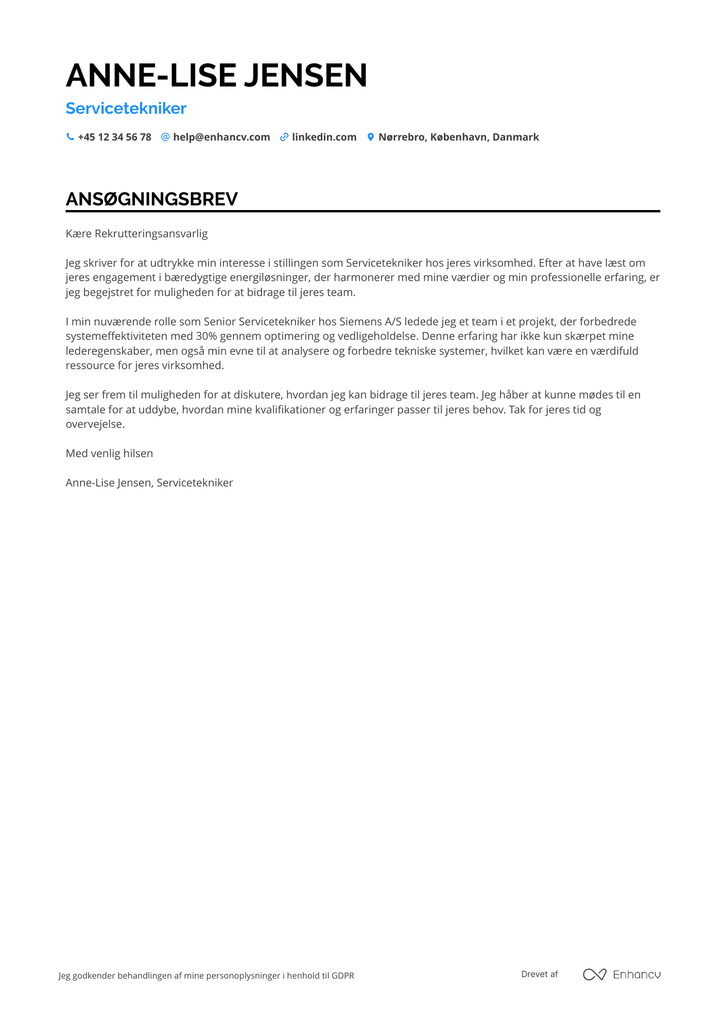 Ansøgningsbrev til Servicetekniker (Elektriker) Resume Example