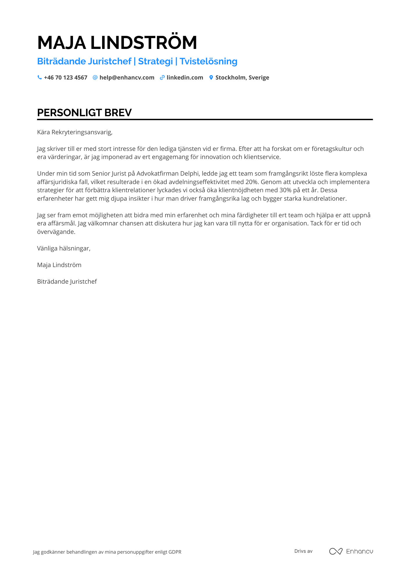 Personligt brev för Biträdande Jurist chef Resume Example