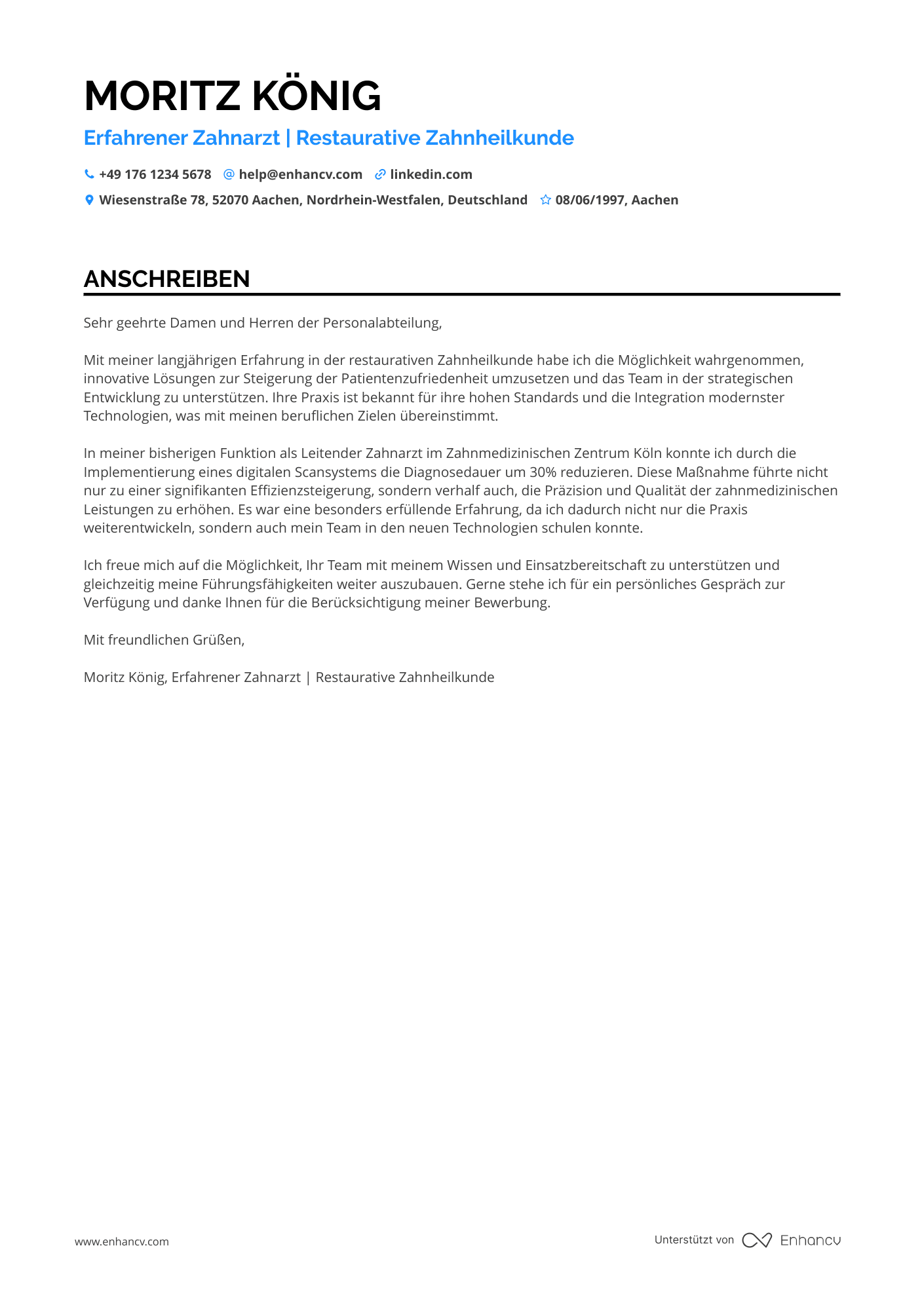 Zahnarzt für fortgeschrittene Karriere Resume Example