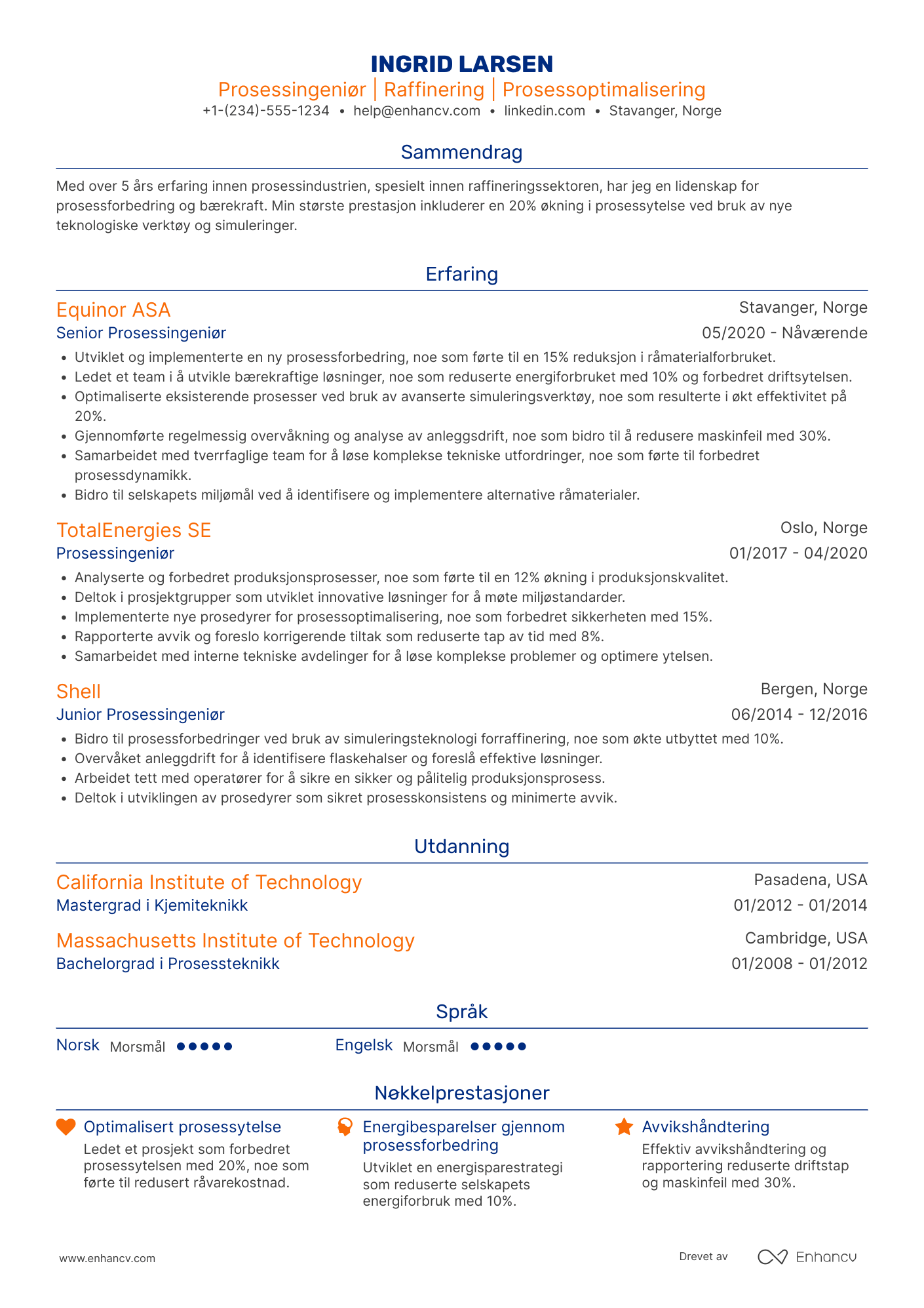CV for Prosessingeniør i Raffineringsindustrien Resume Example