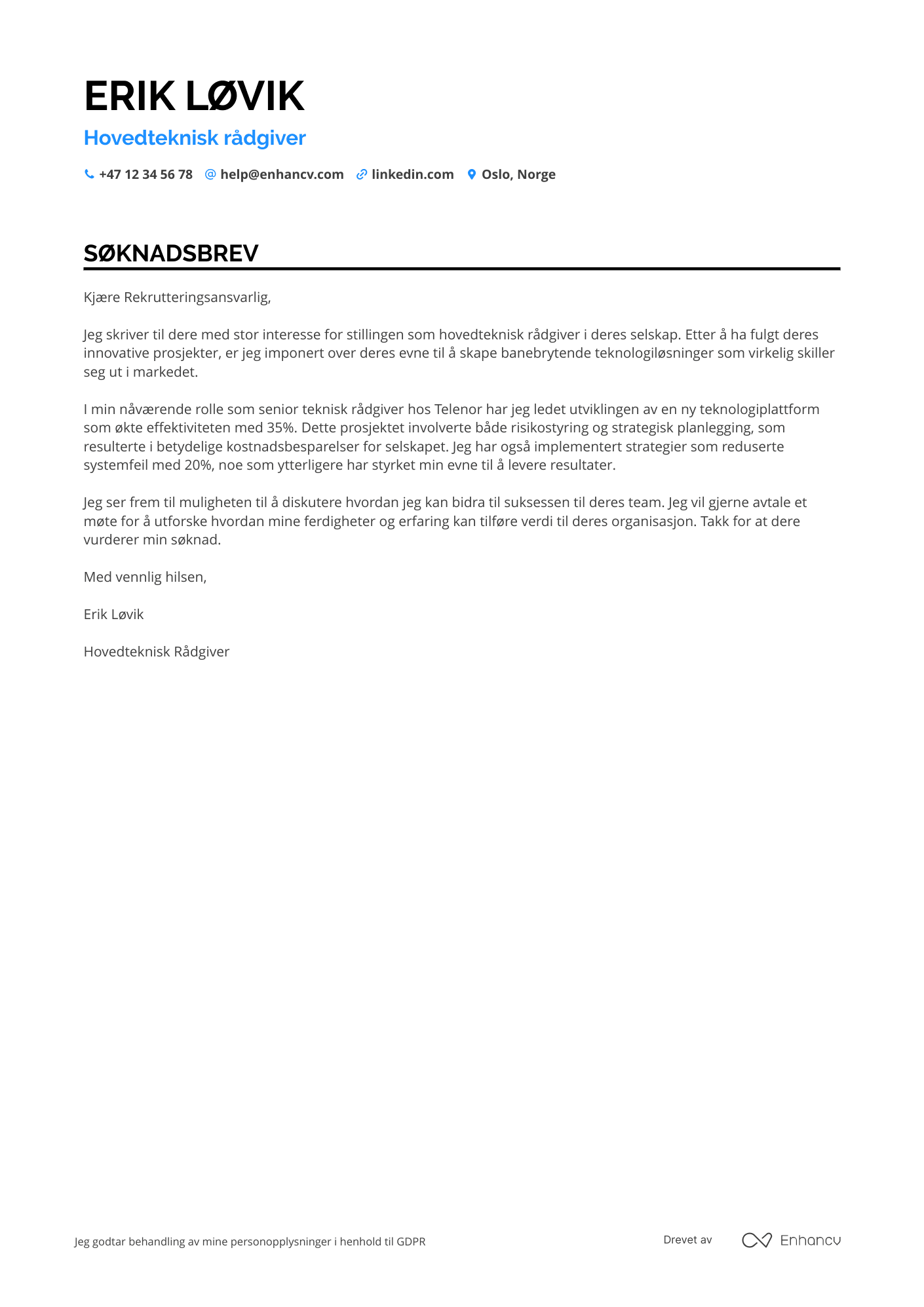 Søknadsbrev for Hovedteknisk rådgiver Resume Example
