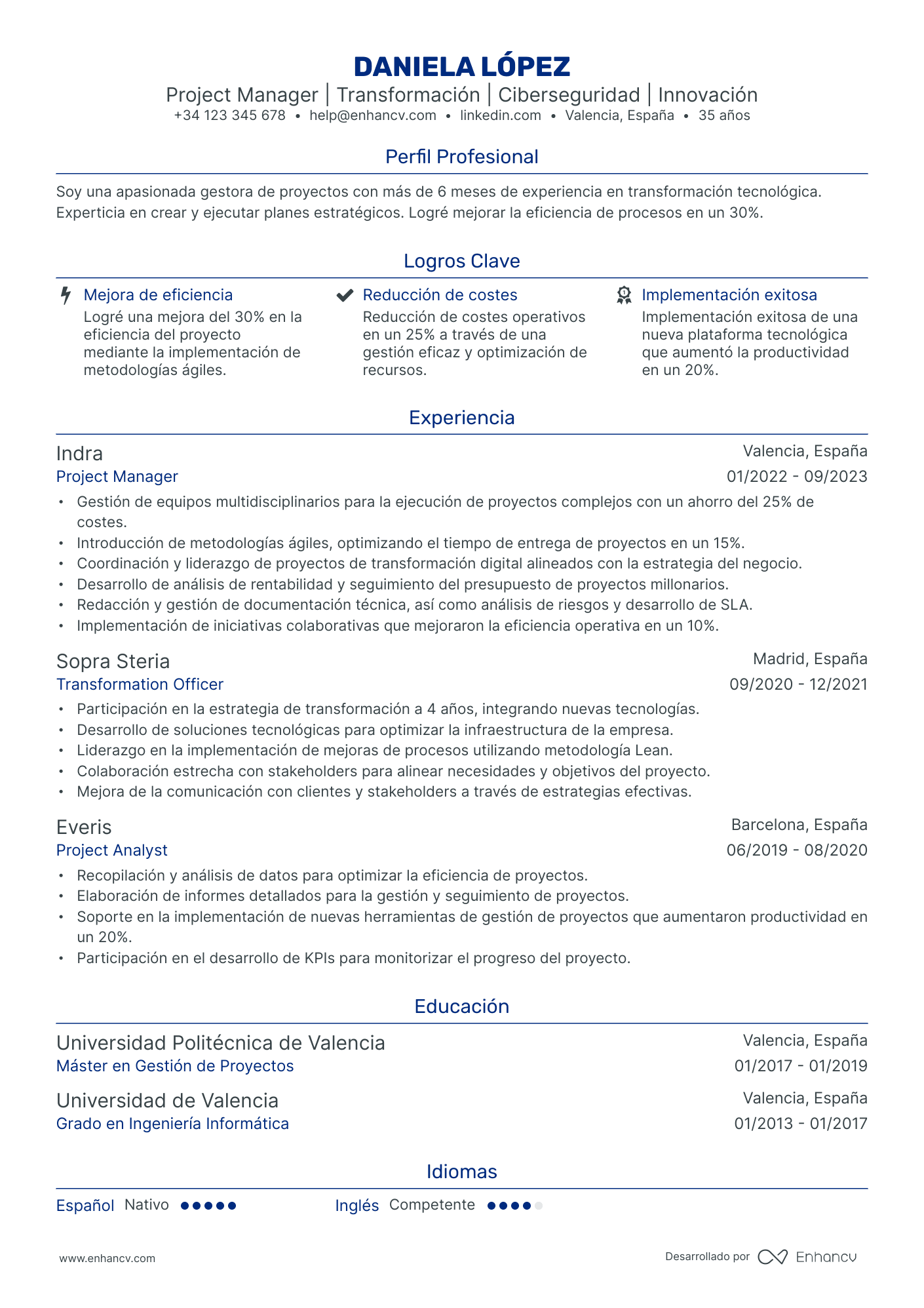 Chef de Proyecto Resume Example