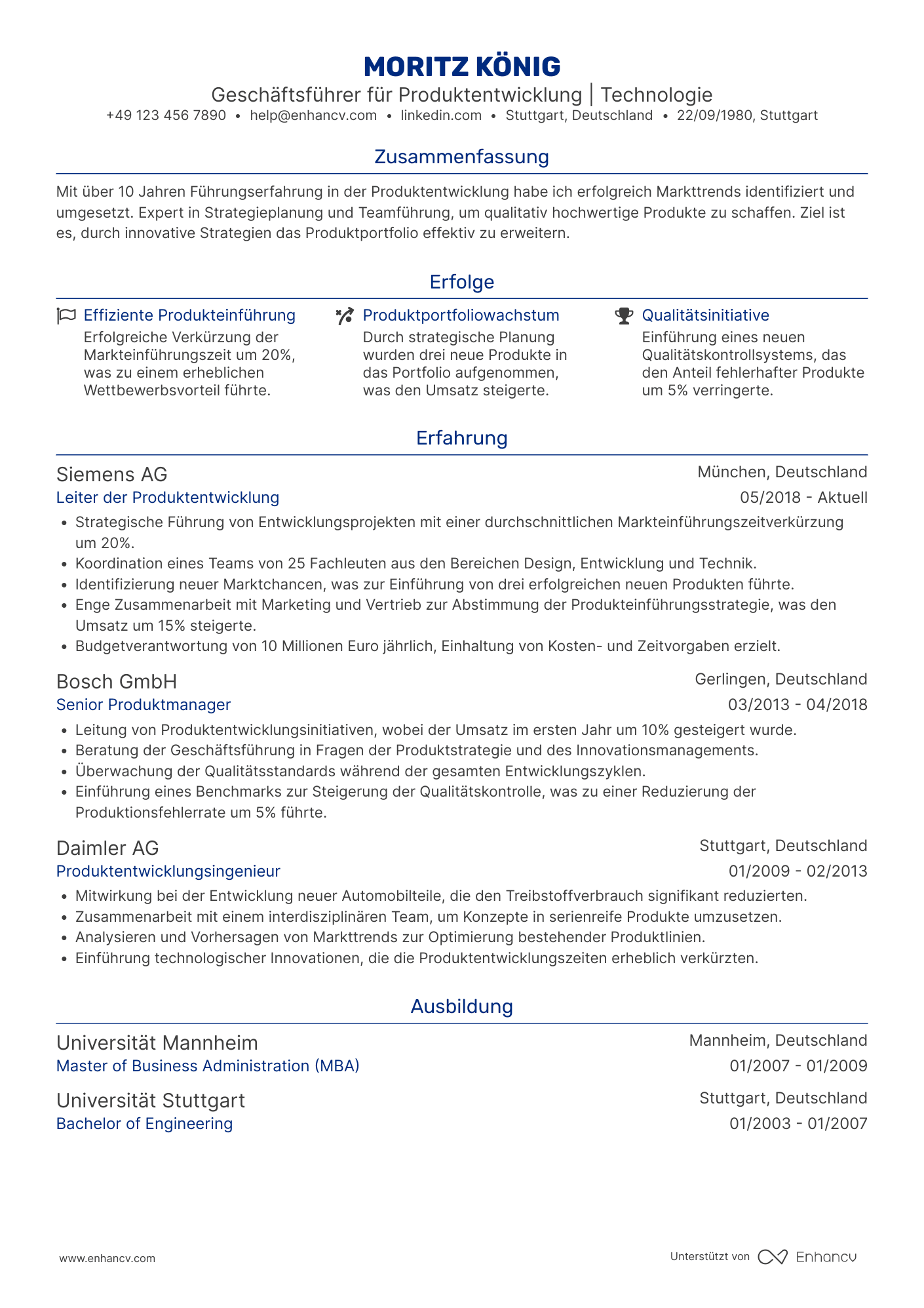 Lebenslauf als Geschäftsführer für Produktentwicklung Resume Example