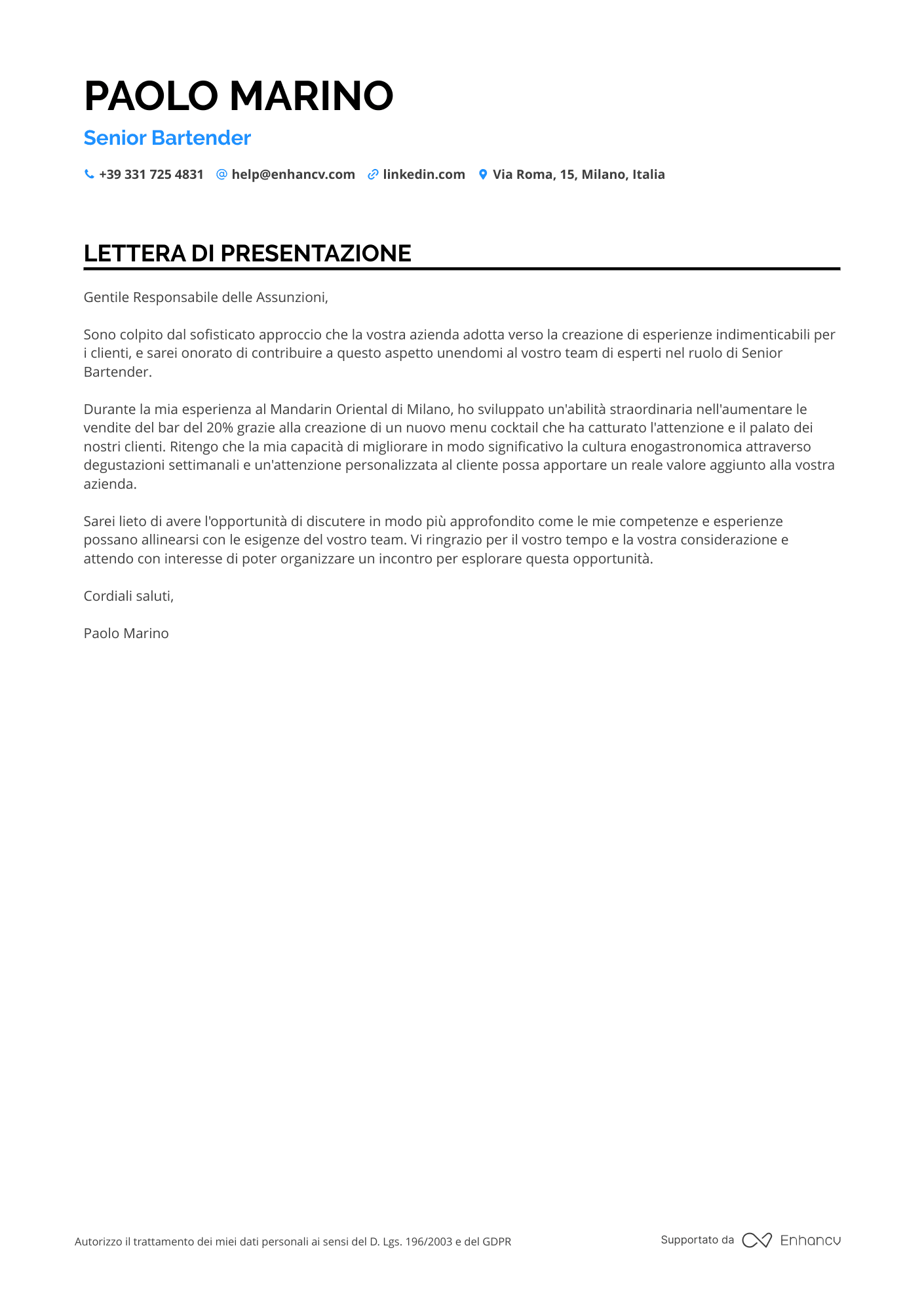 Barista di Specialità Resume Example
