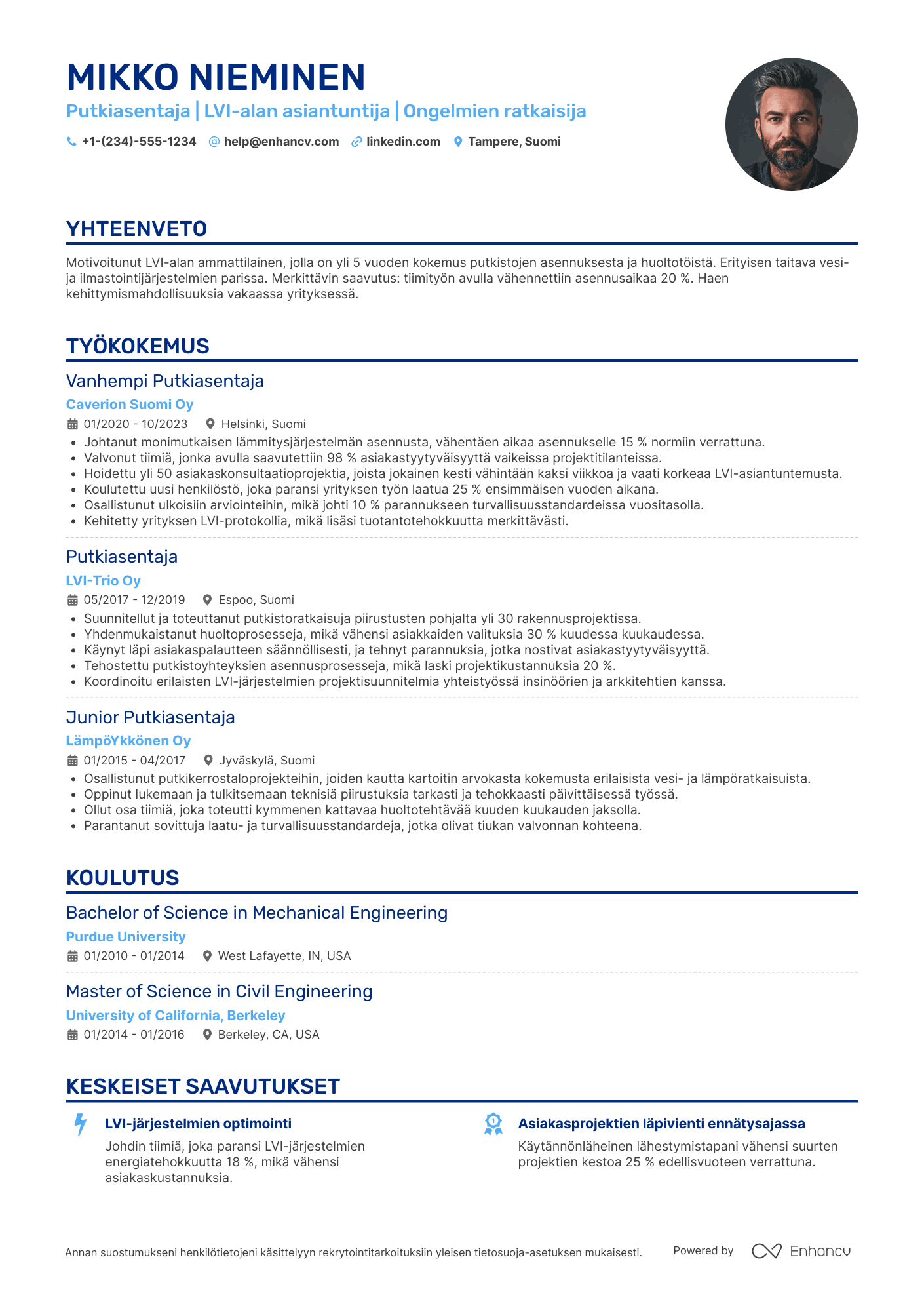 Ansioluettelo Putkiasentaja LVI alalla Resume Example