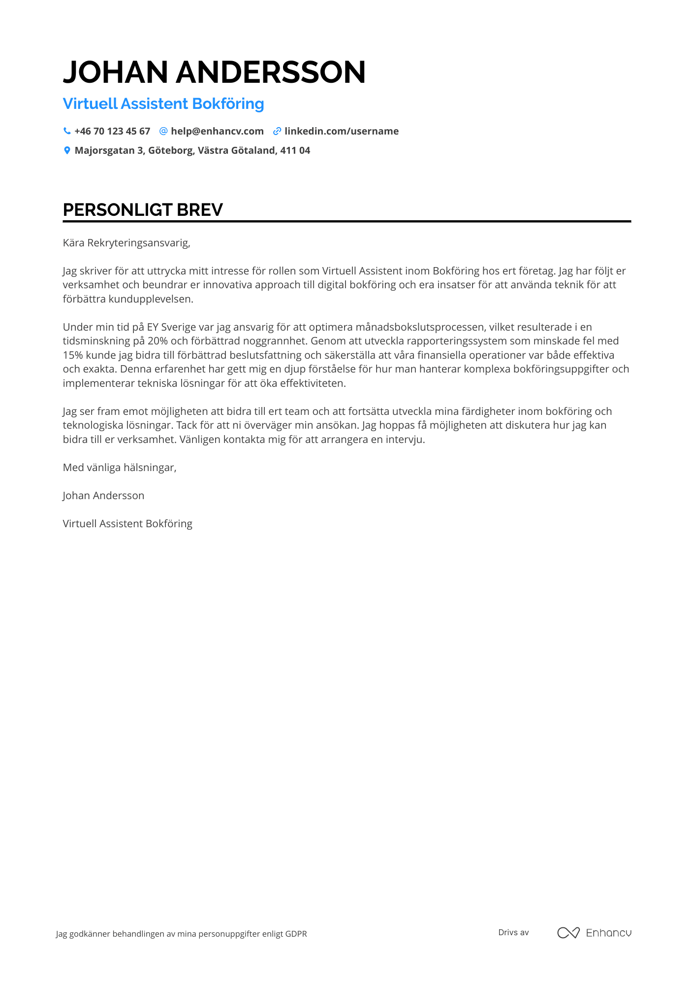 Personligt brev för Virtuell Assistent Bokföring Resume Example