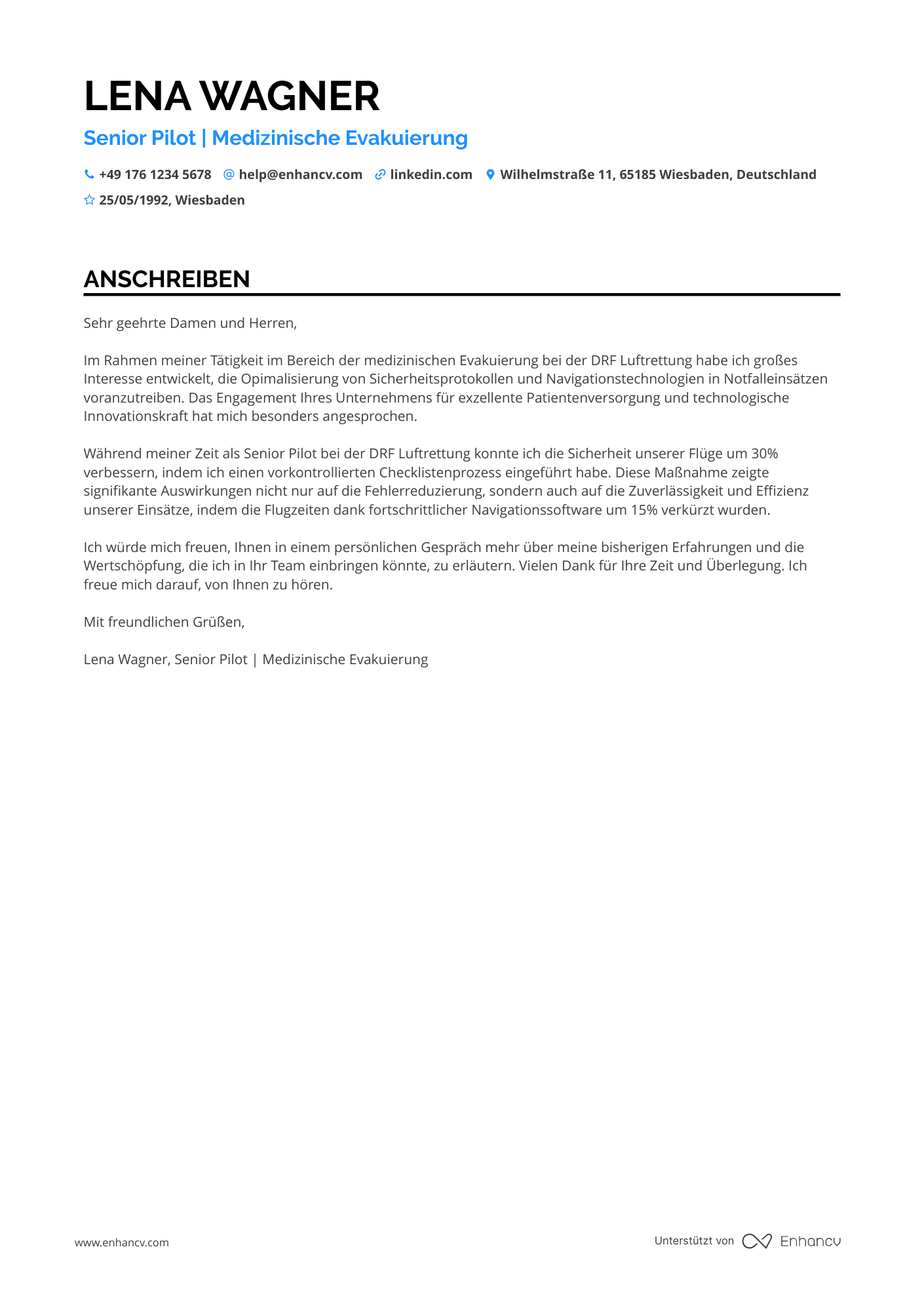 Pilot für medizinische Evakuierungen Resume Example