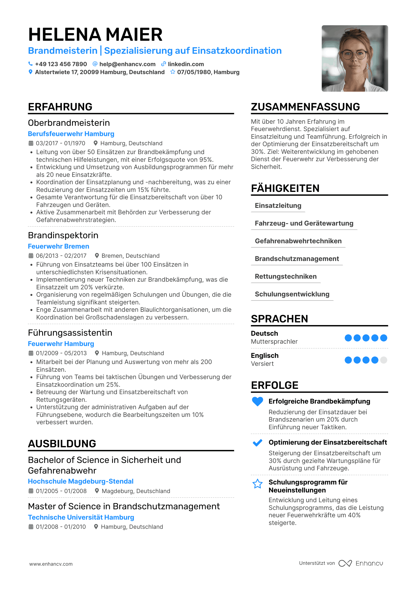 Lebenslauf als Feuerwehrmann im gehobenen Dienst Resume Example