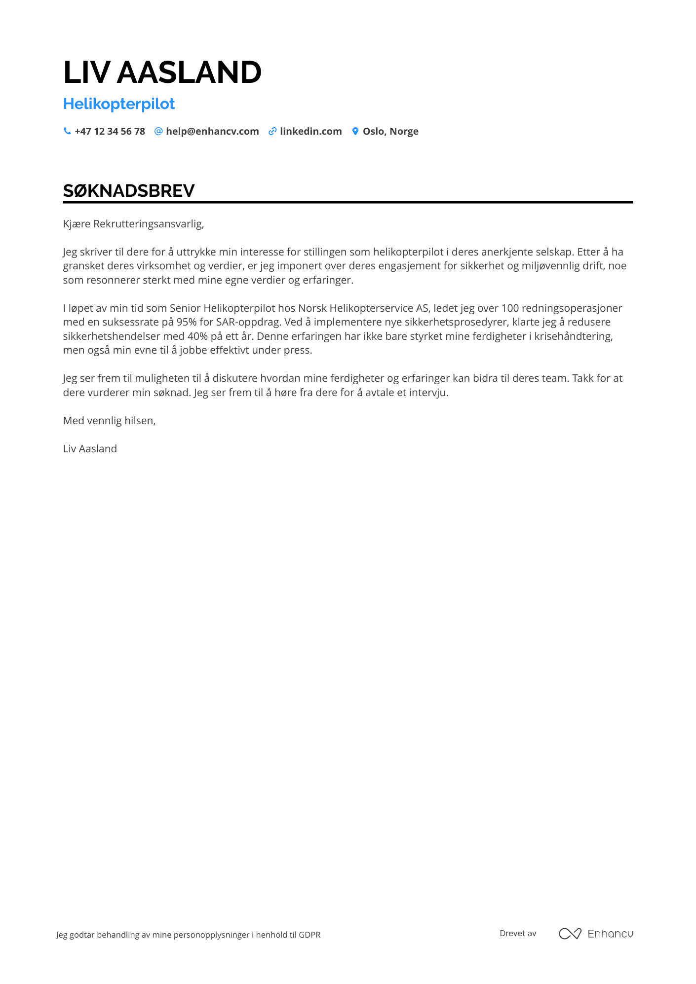 Søknadsbrev for Helikopterpilot Resume Example