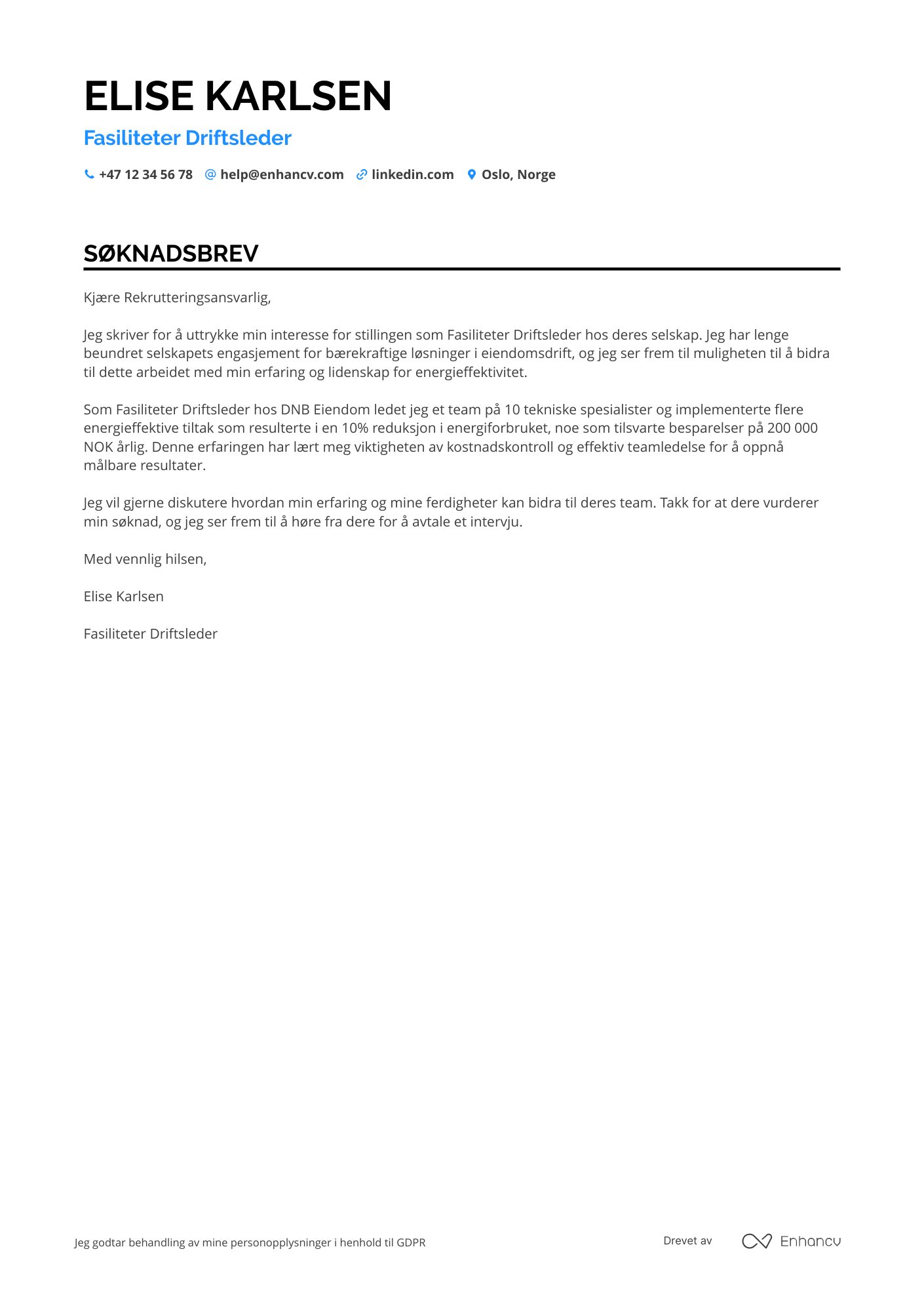 Søknadsbrev for Fasiliteter Driftsleder Resume Example