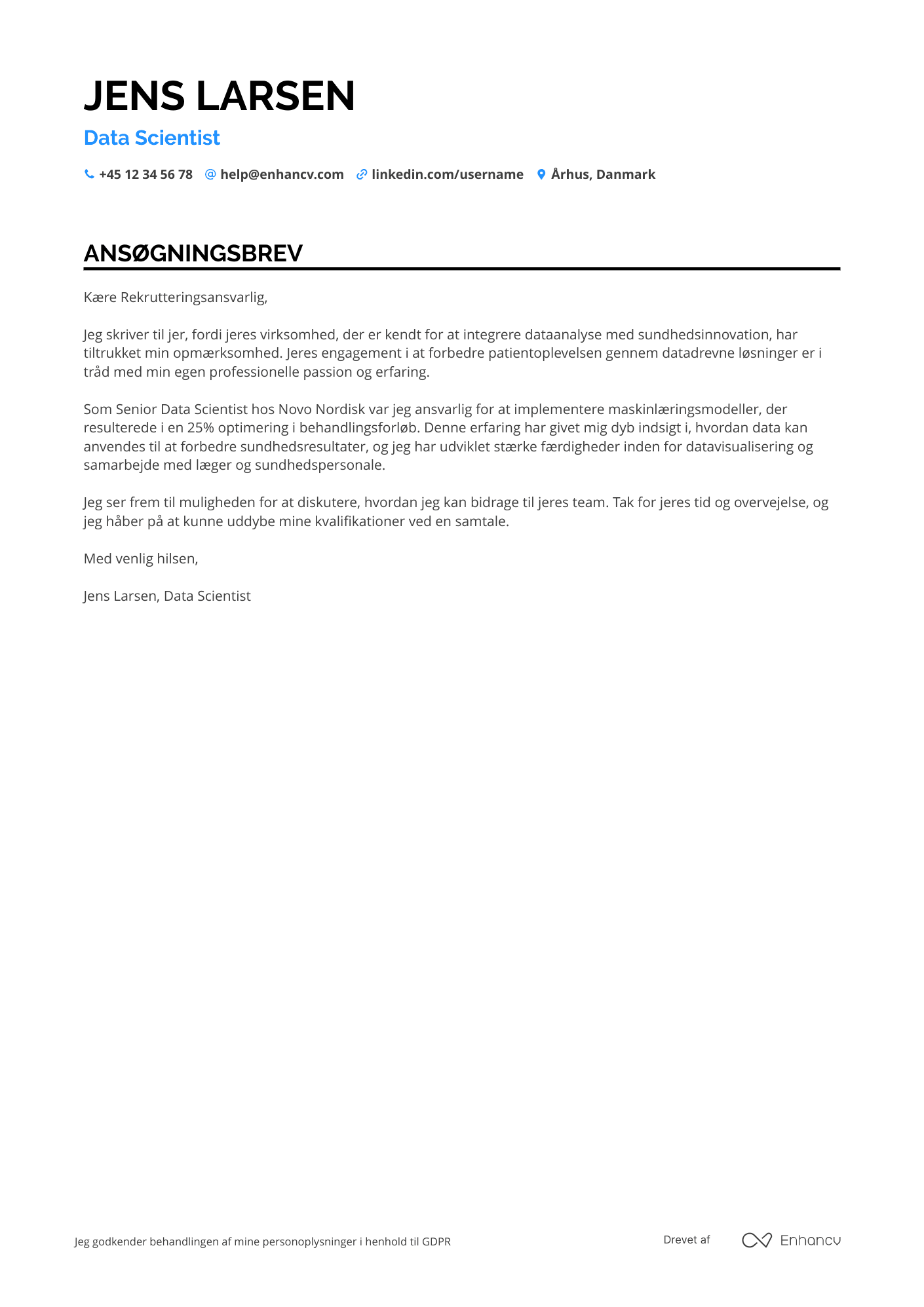 Ansøgningsbrev til Data Scientist inden for sundhedssektoren Resume Example