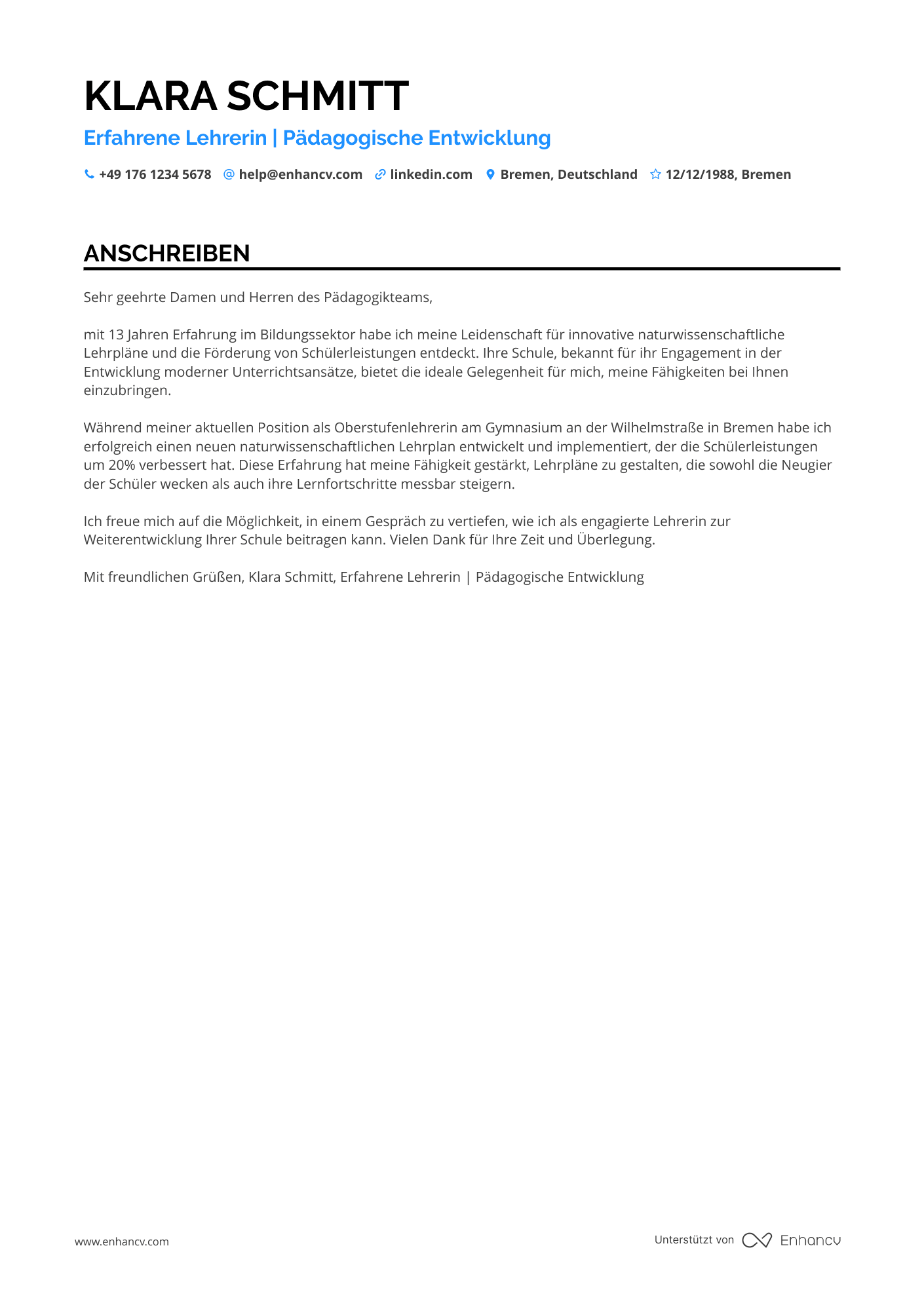 Lehrer mit Berufserfahrung Resume Example