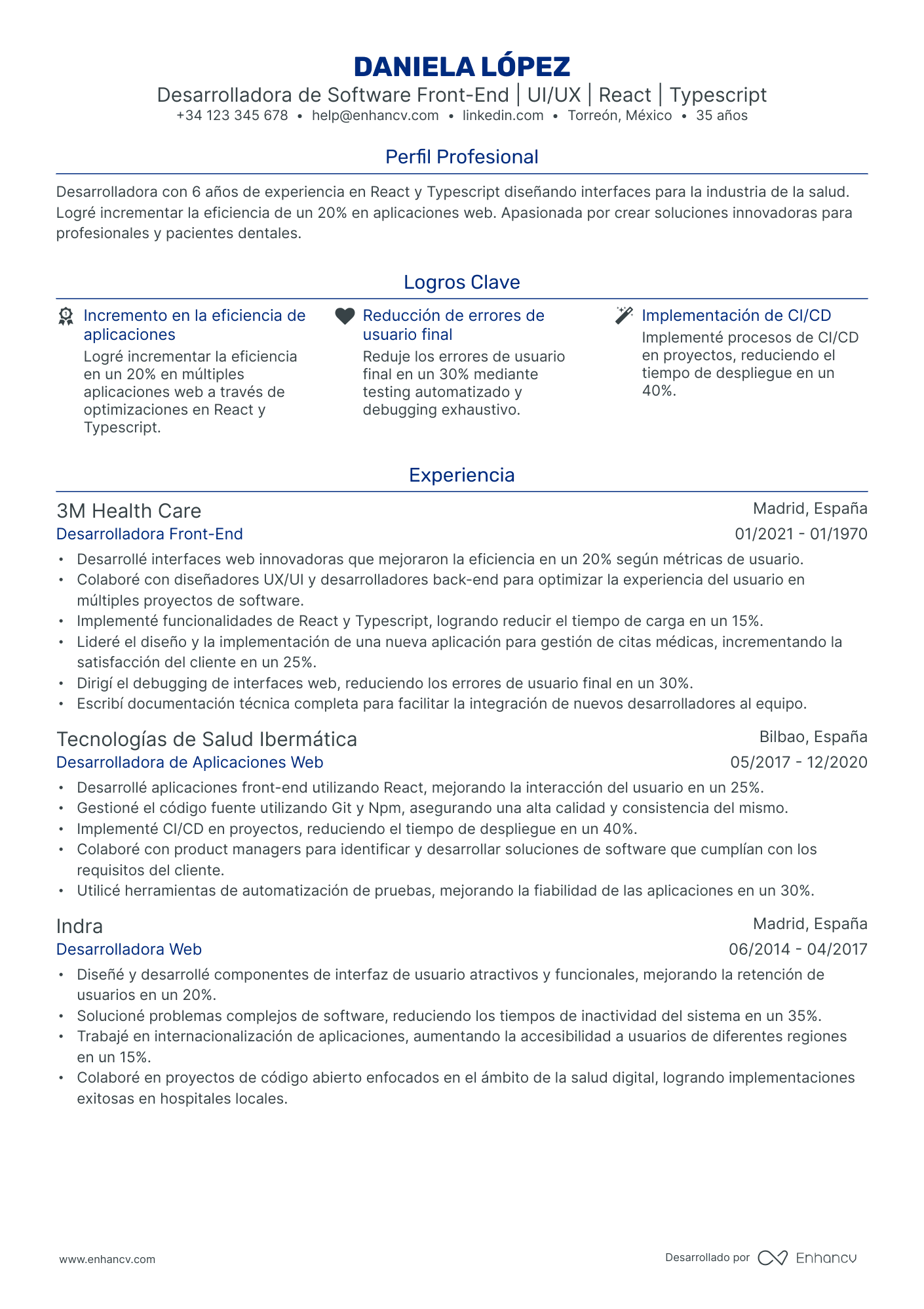 Desarrollador de Software Front End Resume Example