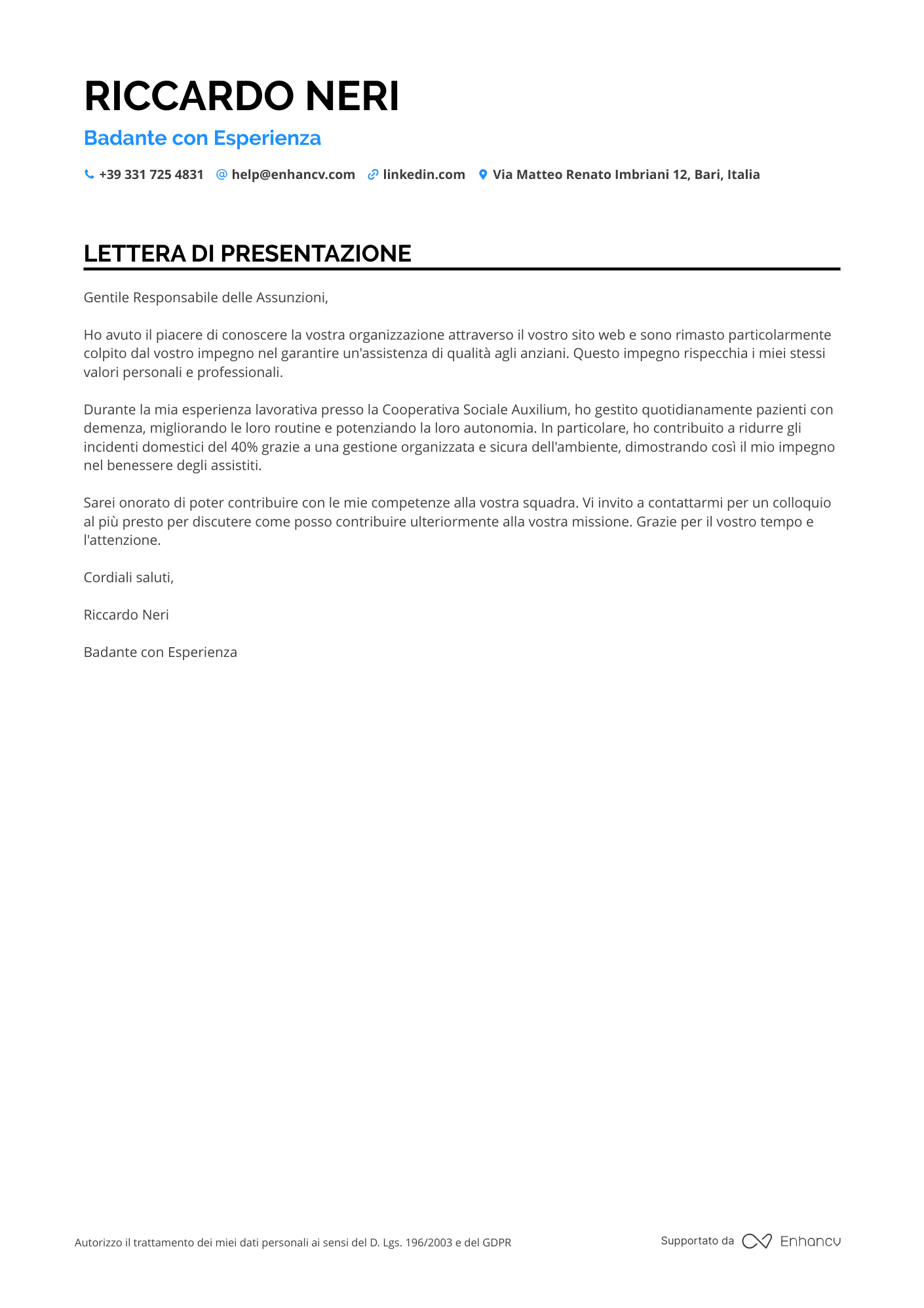 Badante Live in Resume Example