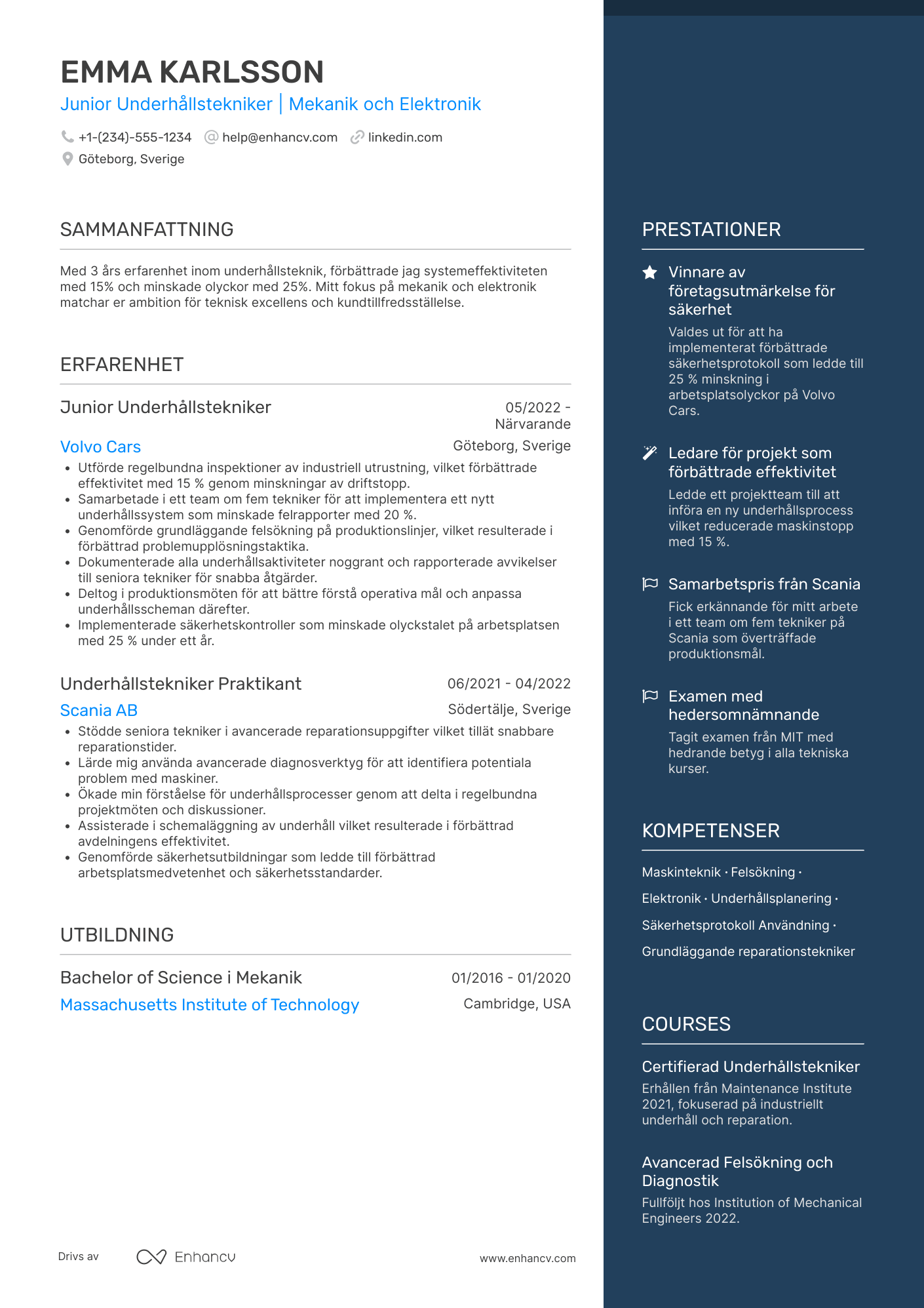 CV för Junior Underhållstekniker Resume Example