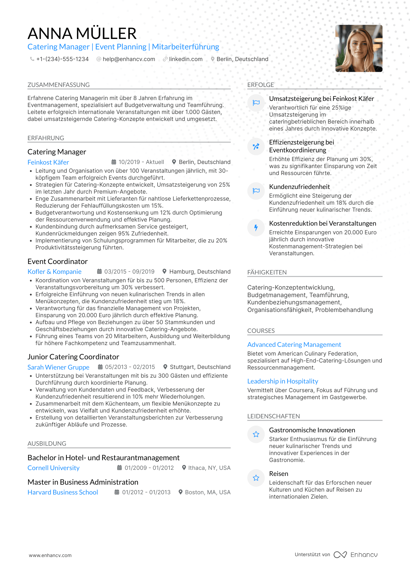 Lebenslauf Catering Manager Resume Example