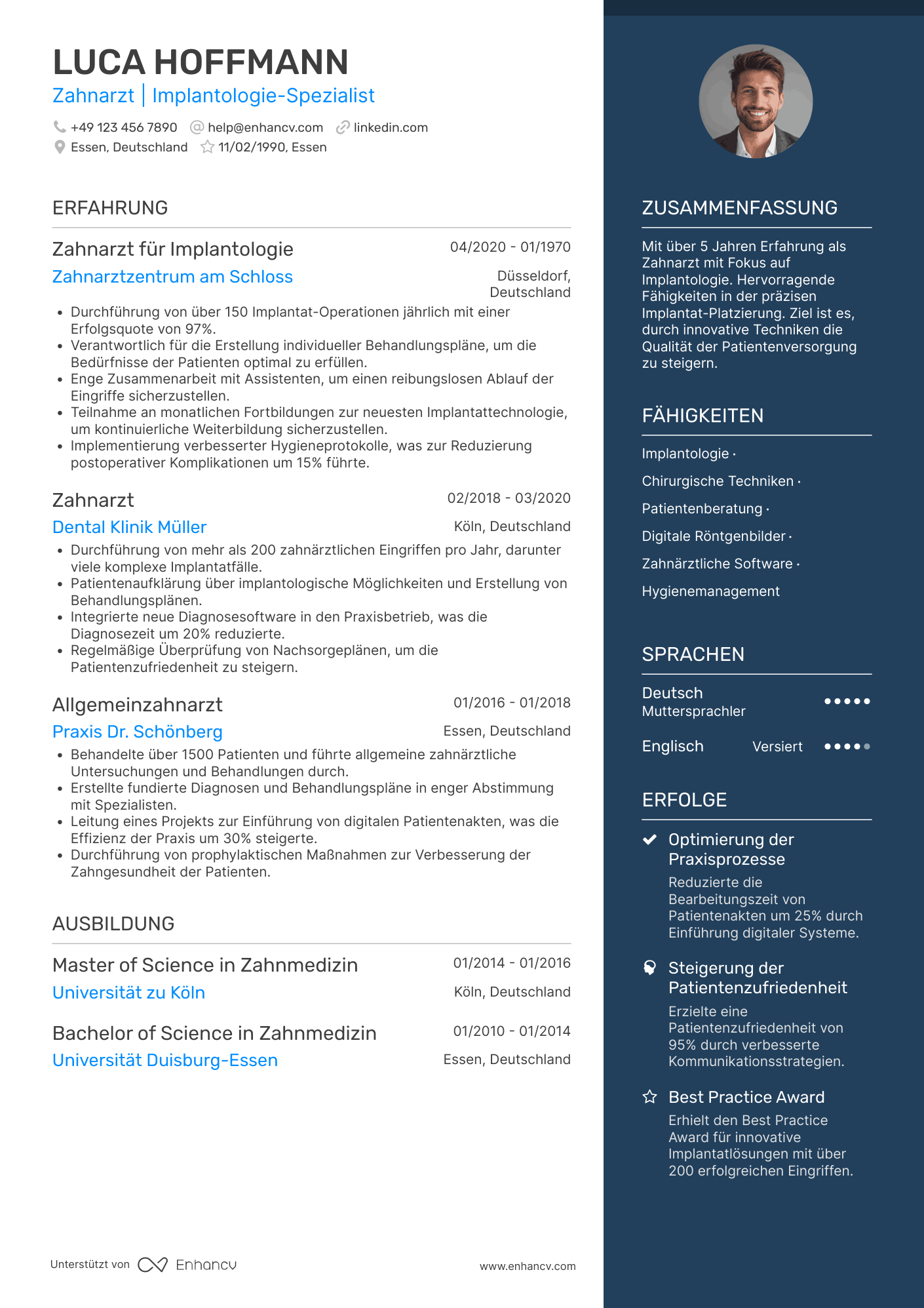 Lebenslauf als Zahnarzt für Implantologie Resume Example