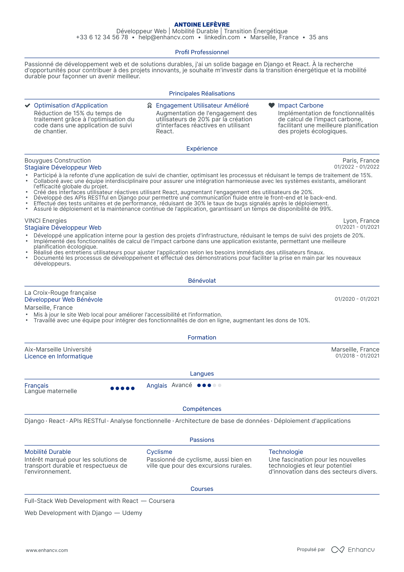 Stage Développeur Web Junior Resume Example