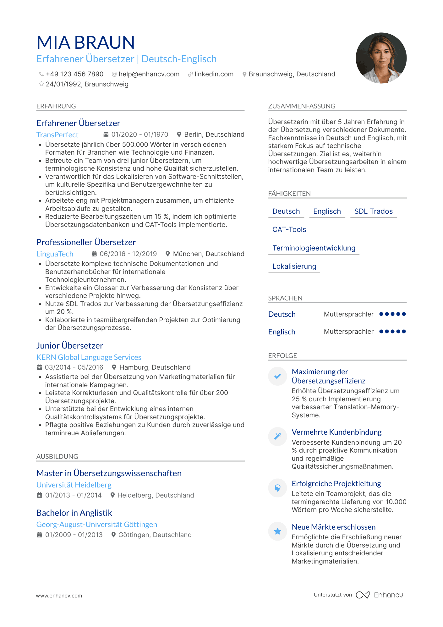 Lebenslauf als Erfahrener Übersetzer Resume Example