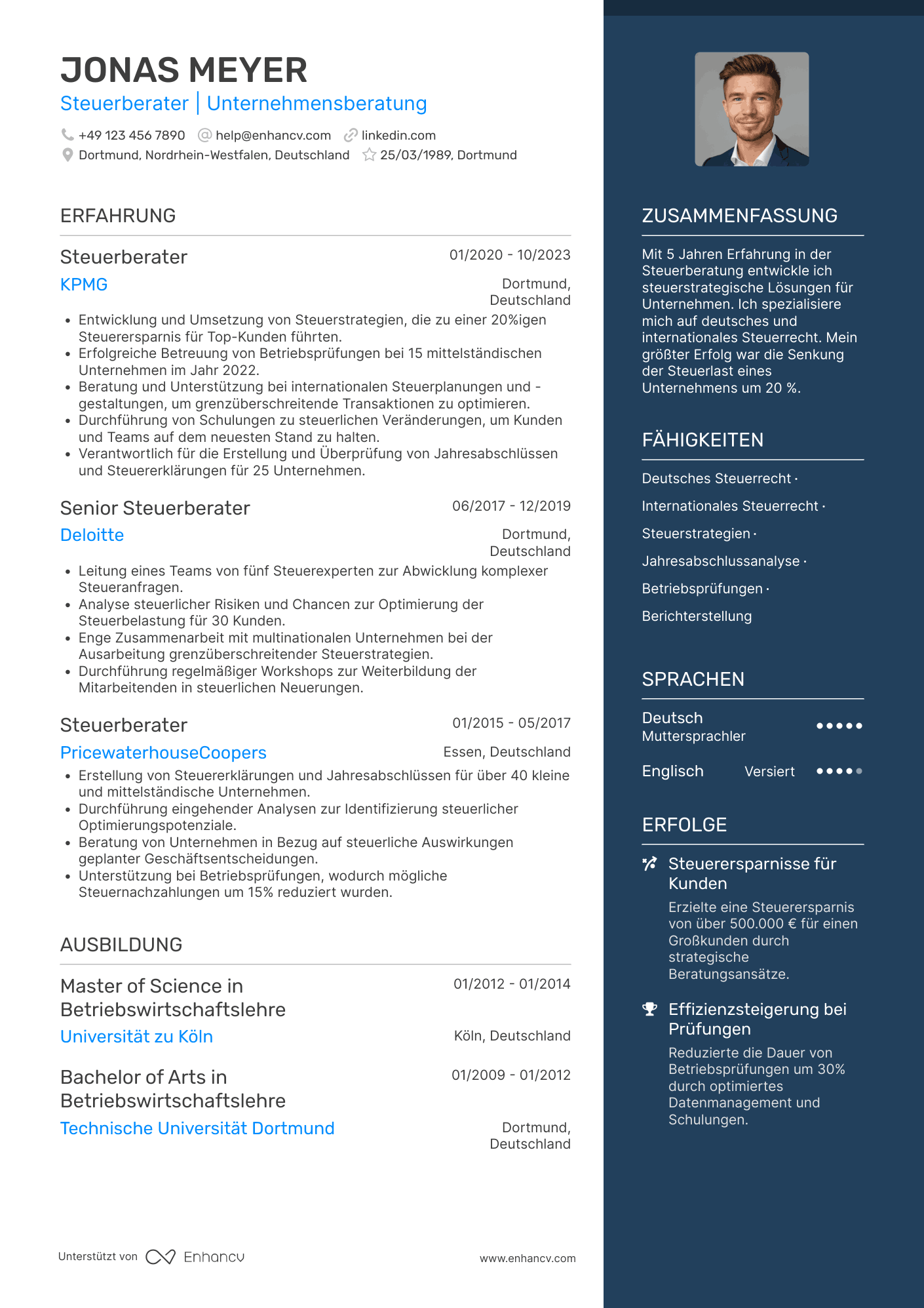 Lebenslauf als Steuerberater für Unternehmensberatung Resume Example