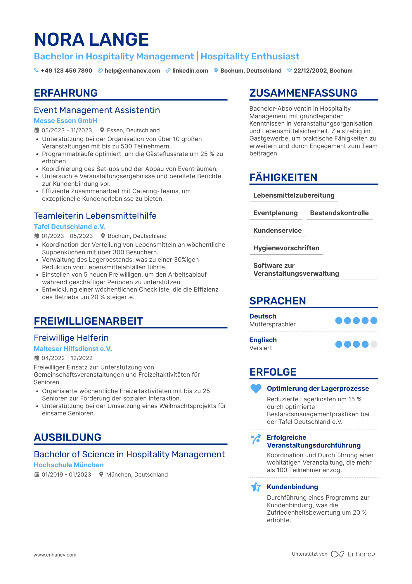 Lebenslauf als Gastronomie Praktikant Resume Example