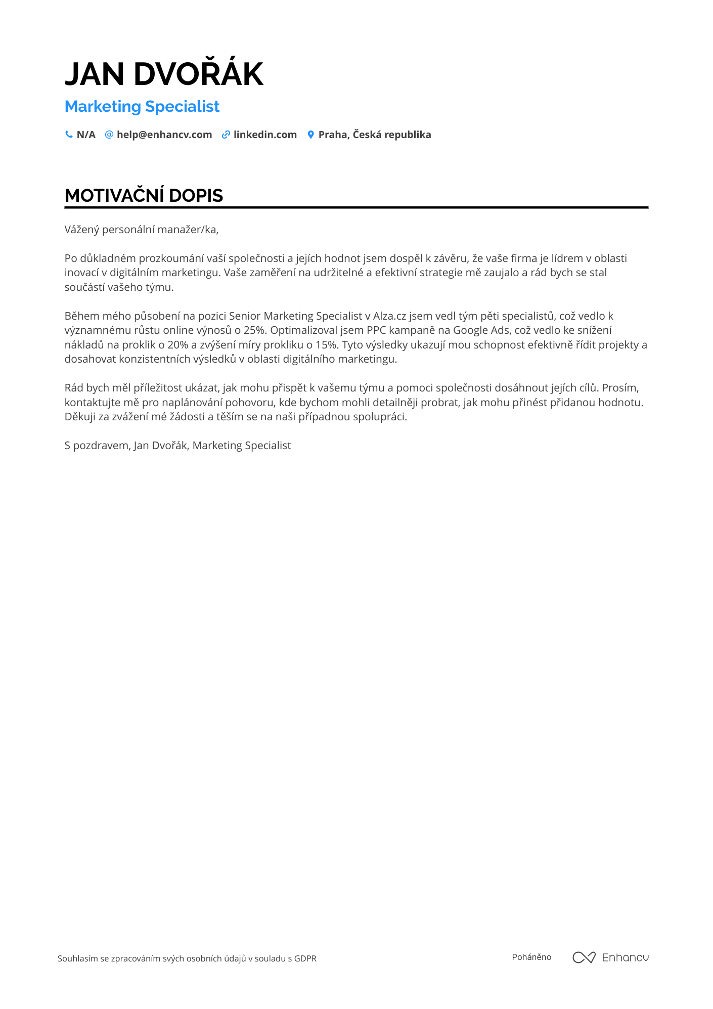 Motivační dopis pro Specialista marketingu v e commerce Resume Example