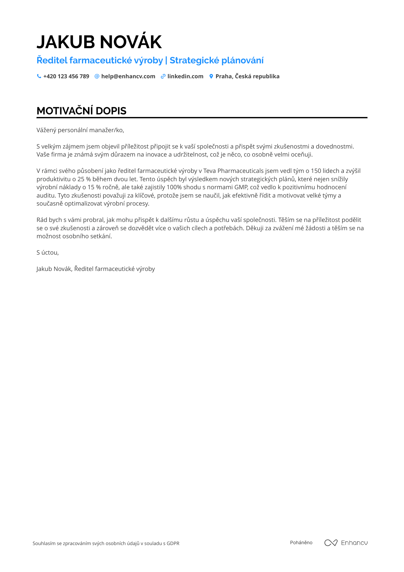 Motivační dopis pro Directeur de Production Pharmaceutique Resume Example