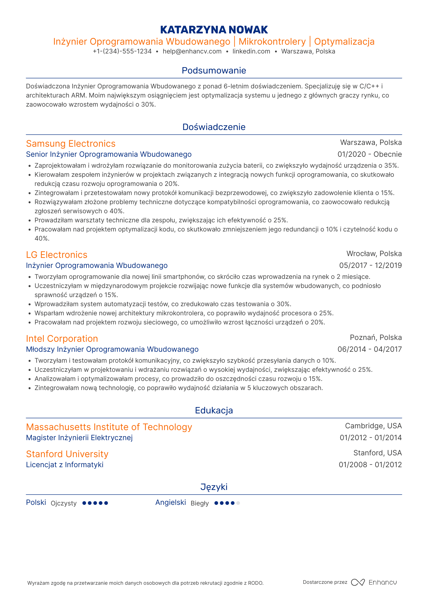 CV dla Embedded Software Engineer Resume Example