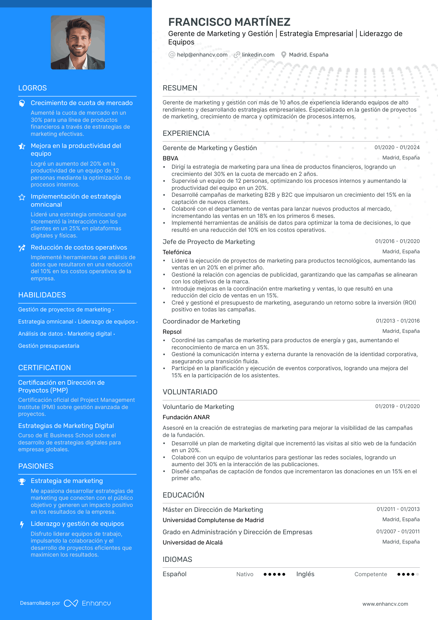 CV Marketing y Gestión Resume Example