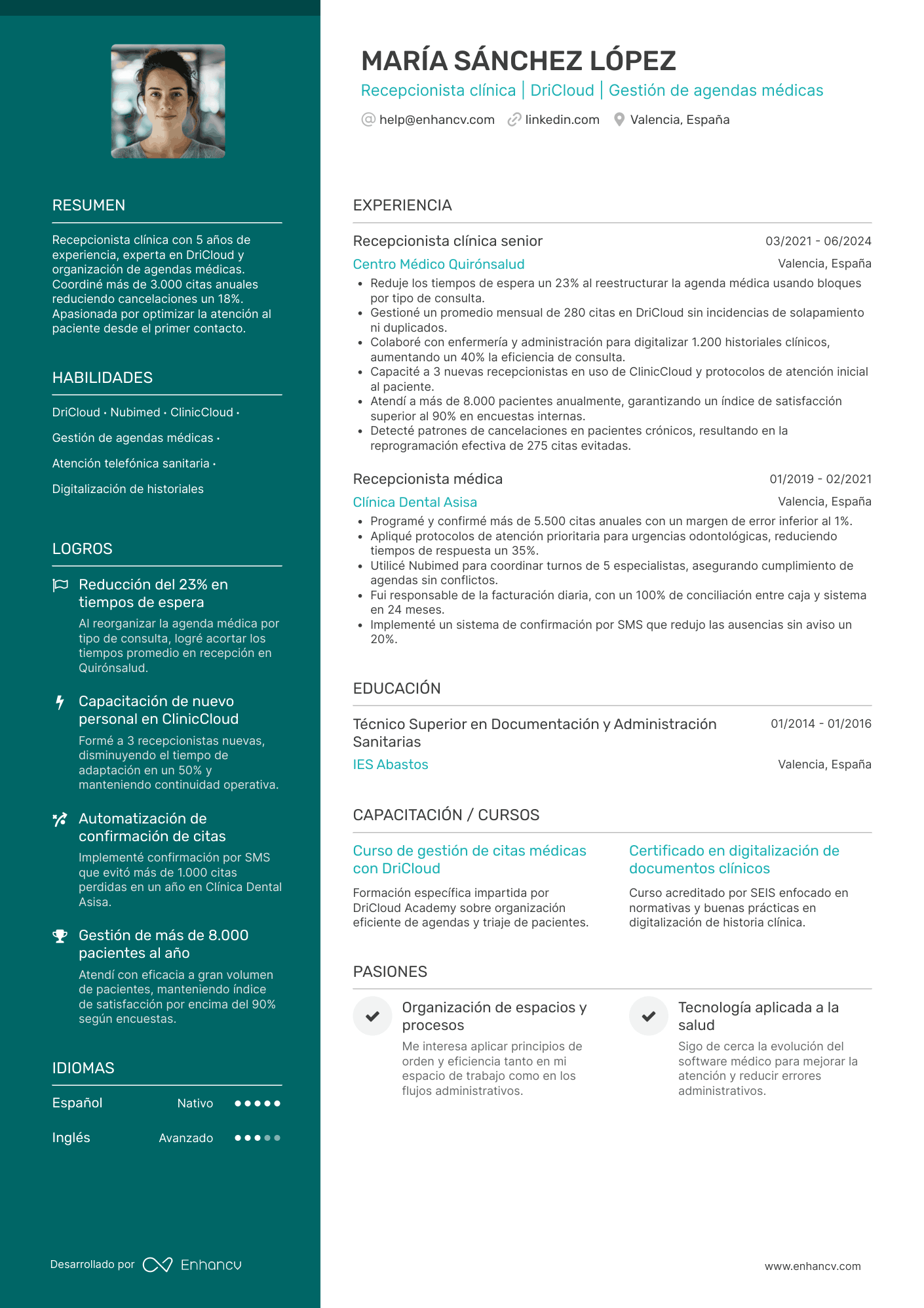 Recepcionista clínica (general) Resume Example