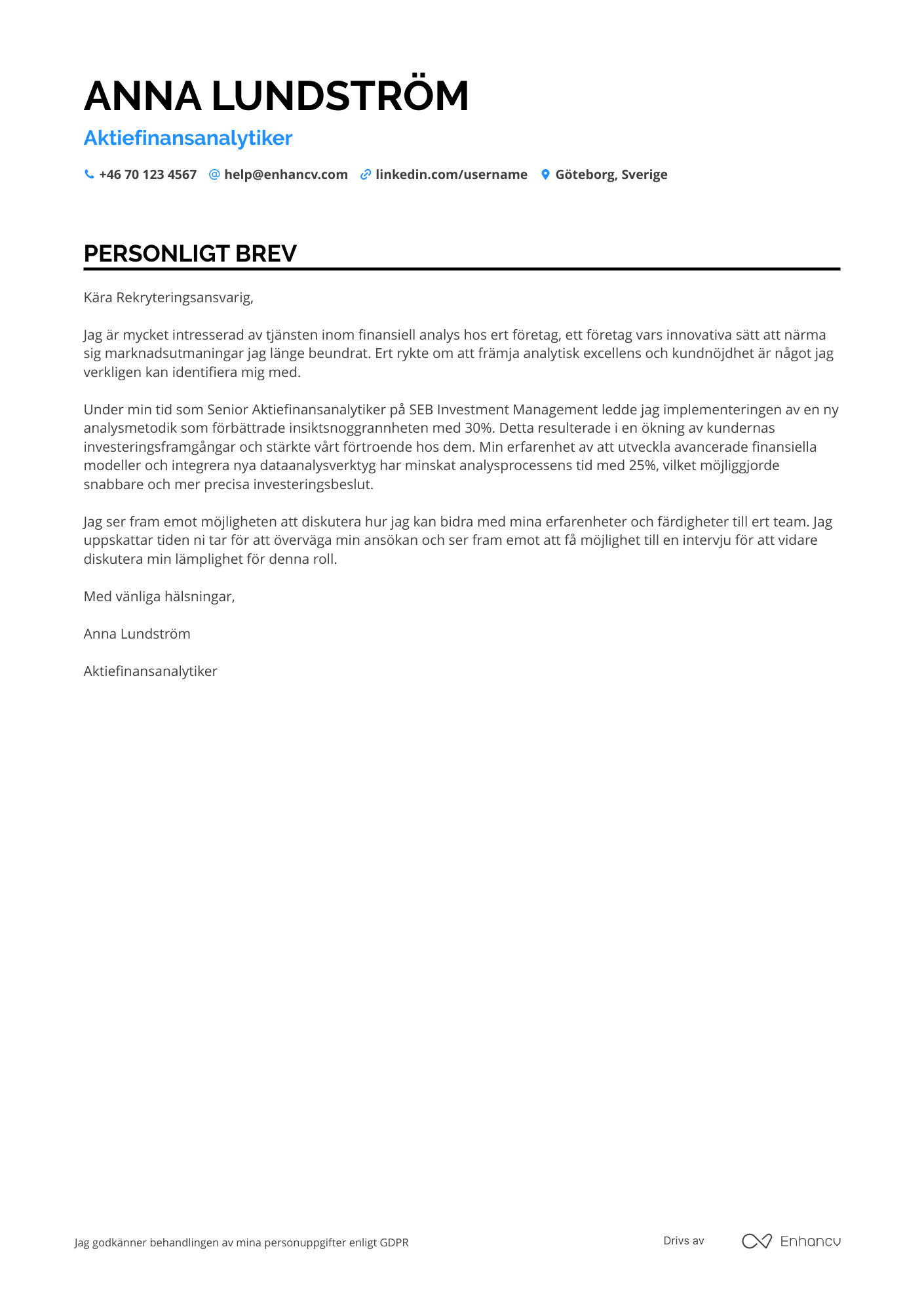 Personligt brev för Aktiefinansanalytiker Resume Example