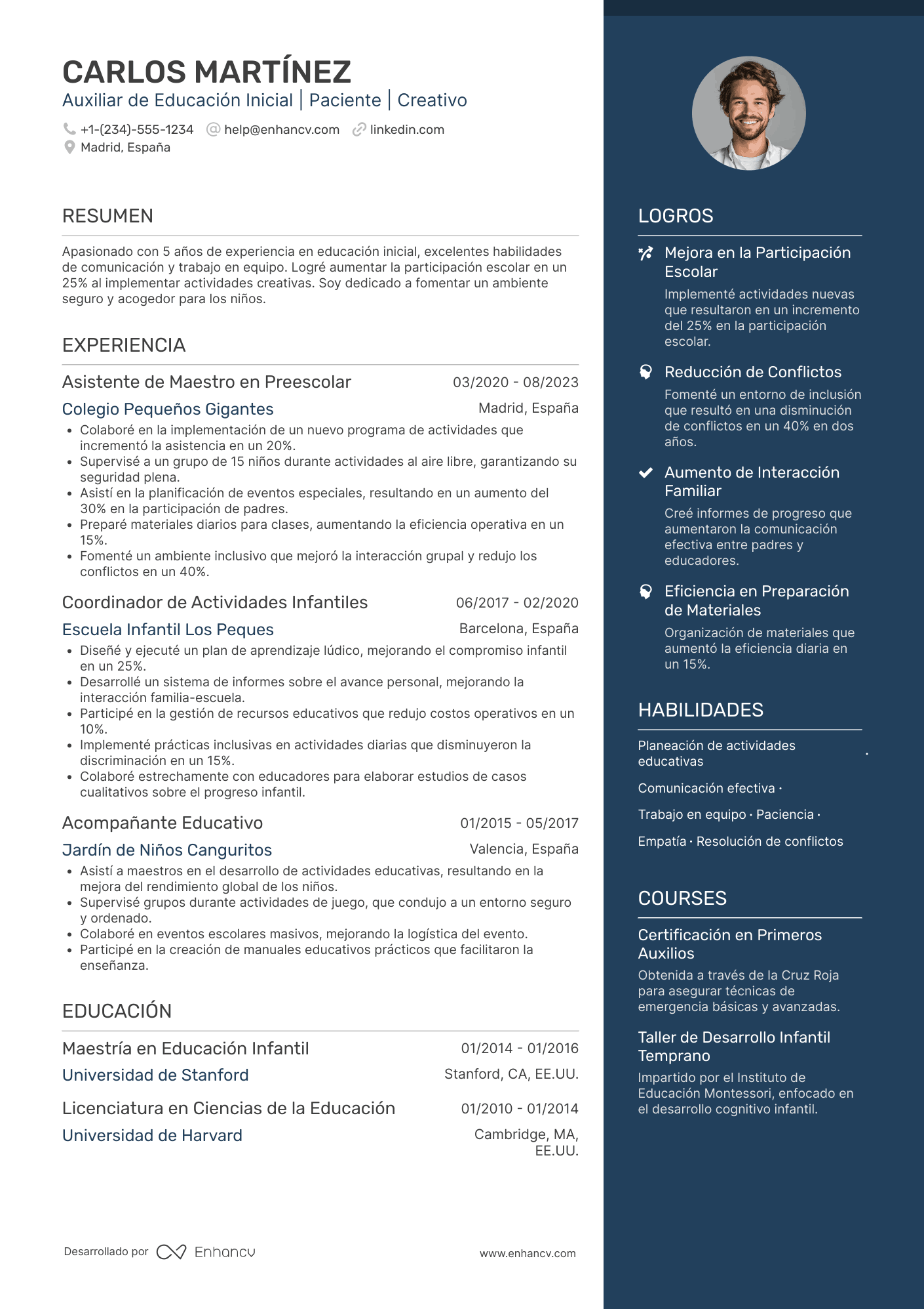 Ejemplo de currículum de auxiliar de educación inicial Resume Example