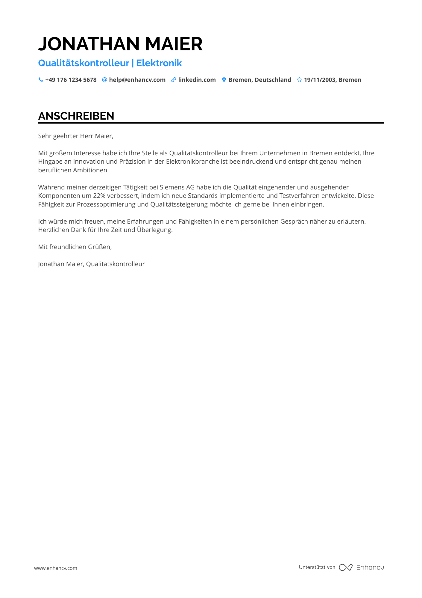 Qualitätskontrolleur in der Elektronikindustrie Resume Example