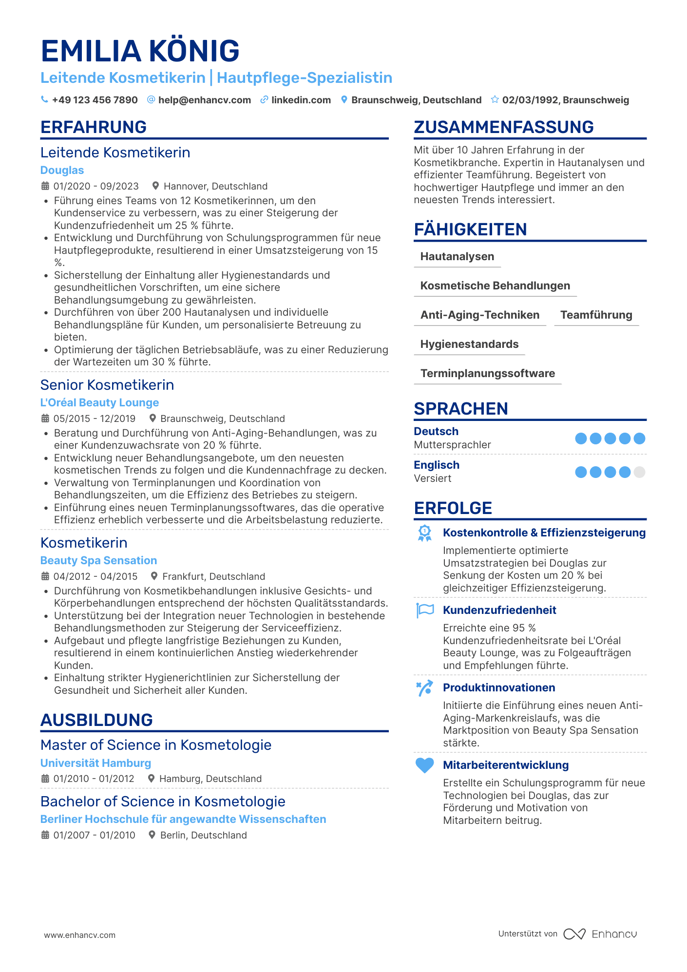 Lebenslauf als Leitende Kosmetikerin Resume Example