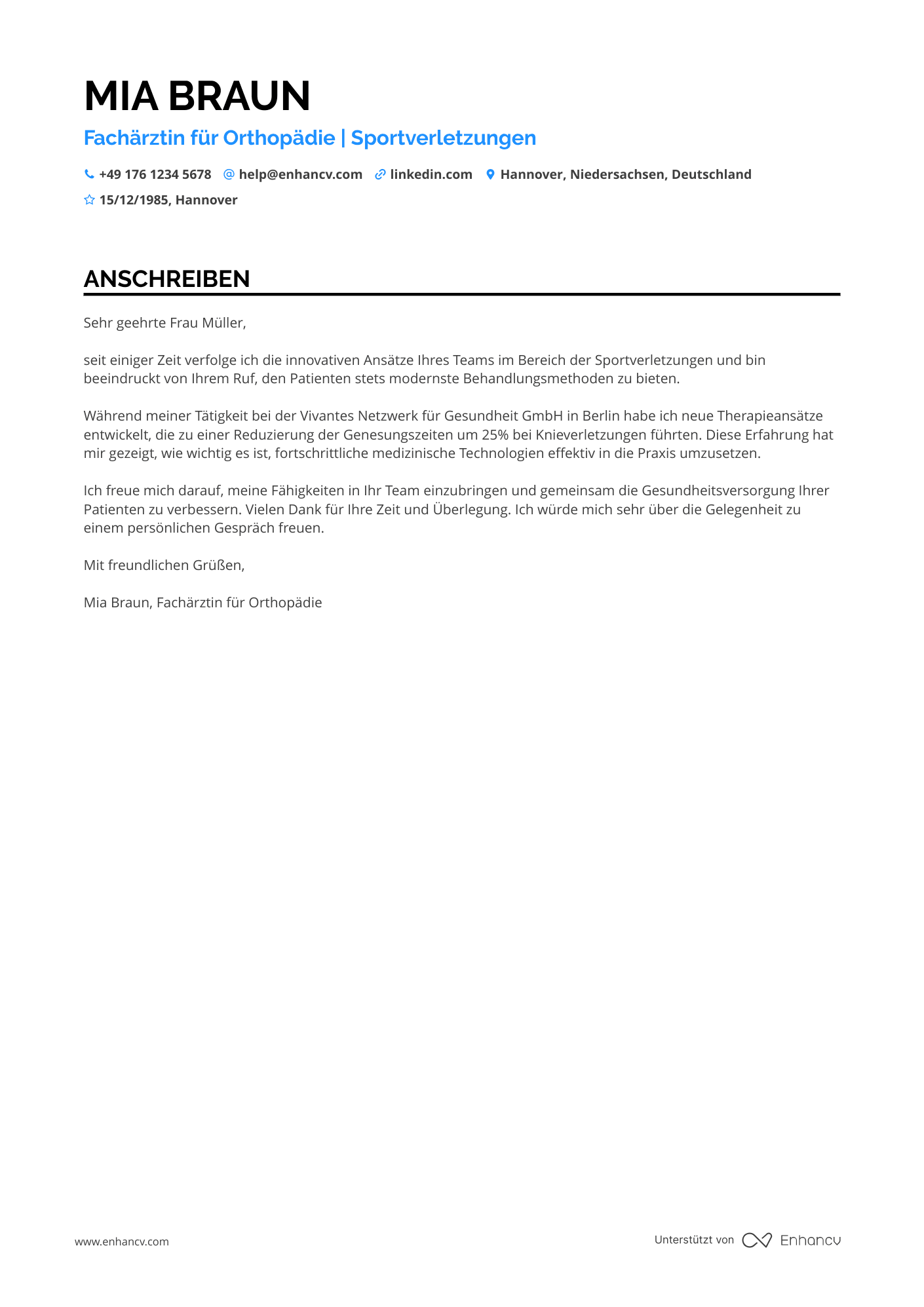 Arzt für Orthopädie Resume Example